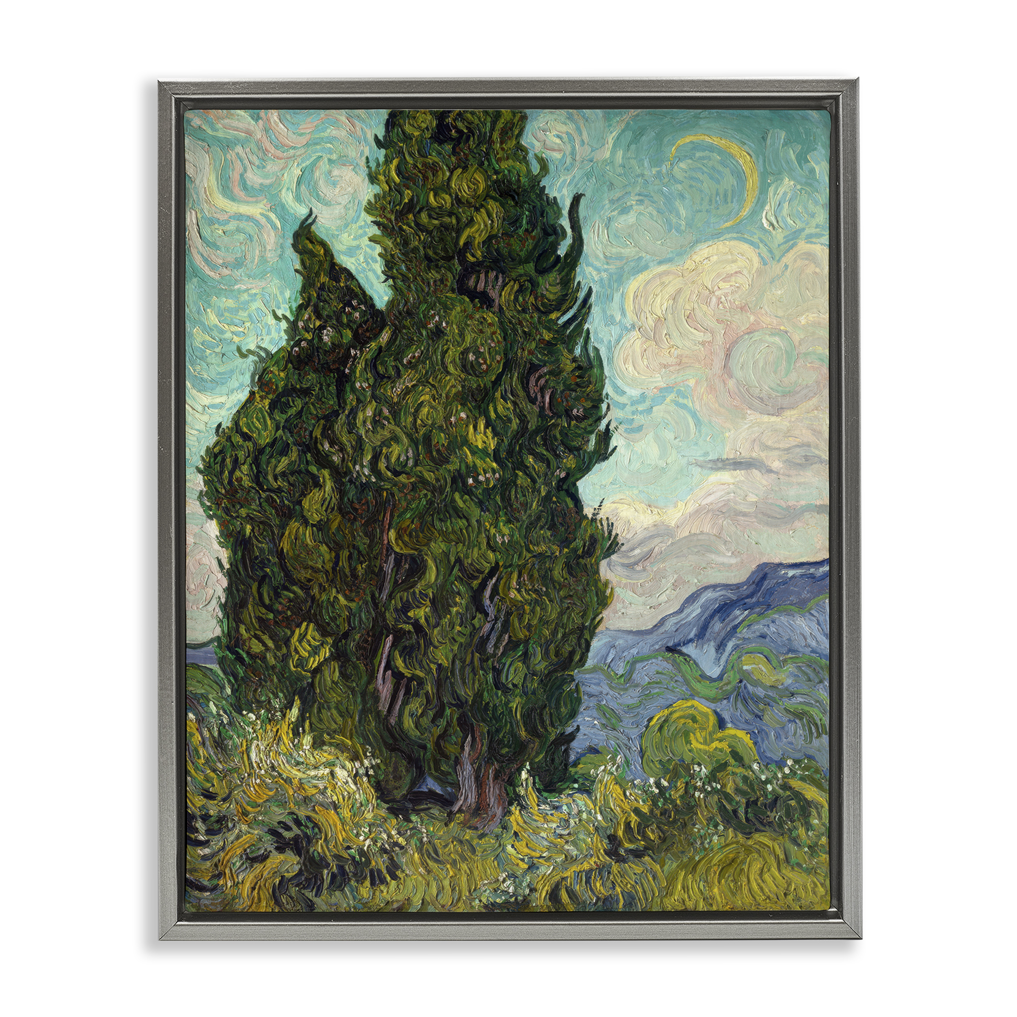 Stupell Industries Van Gogh Cypress Landscape Landscape & Nature Painting Gray Floater Framed Canvas Art Print Wall Art, 25 x 31