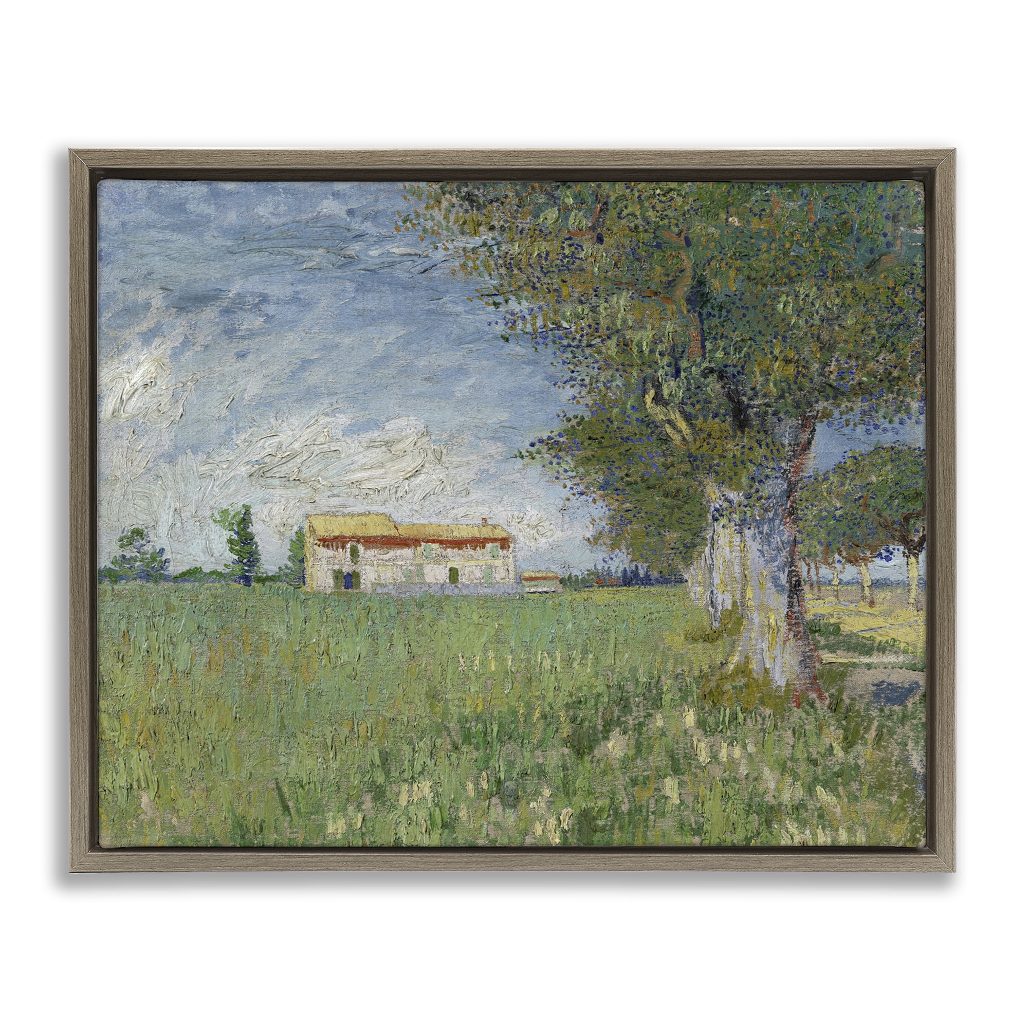 Stupell Industries Van Gogh Farmhouse in Corn Landscape & Nature Painting Brown Floater Framed Canvas Art Print Wall Art, 31 x 25