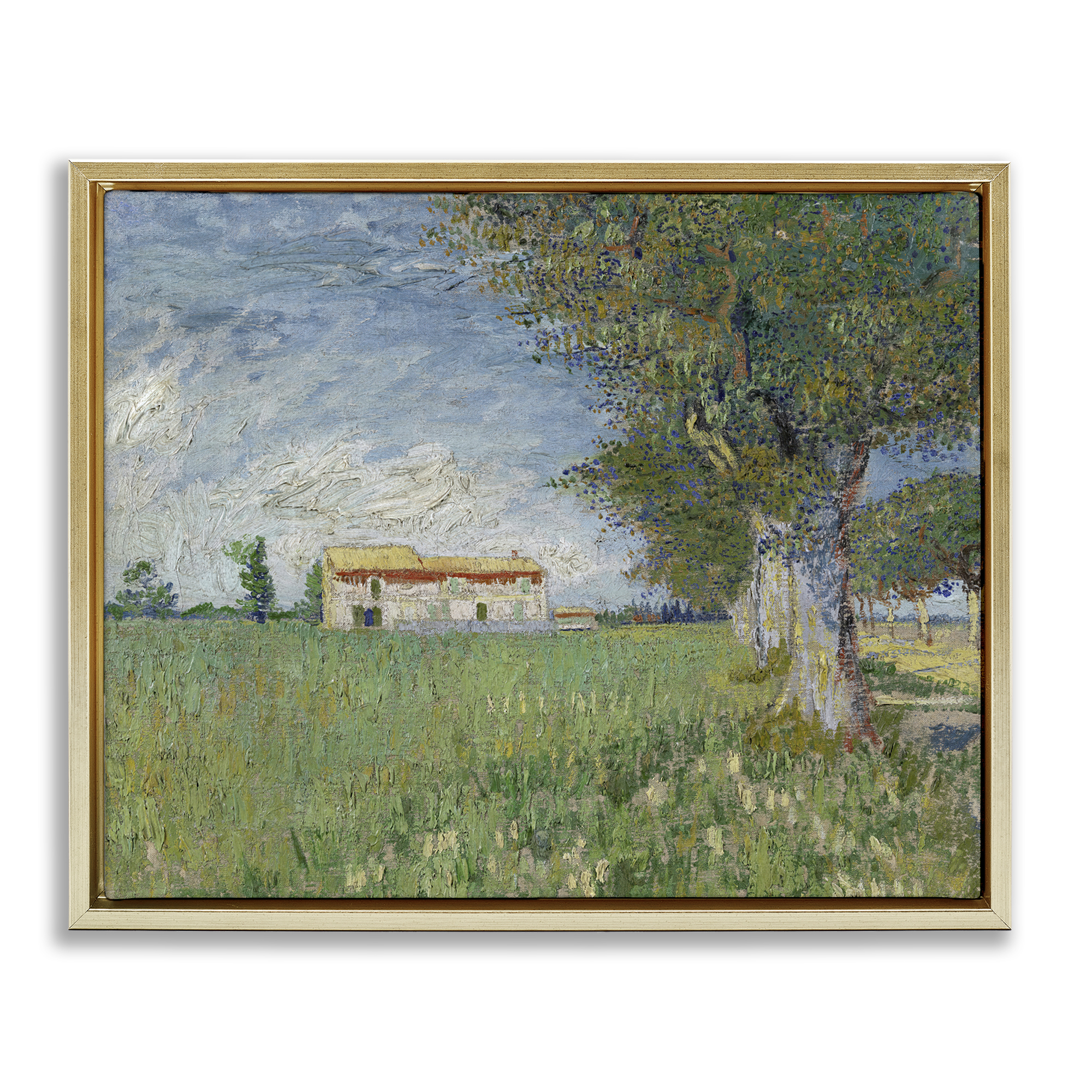 Stupell Industries Van Gogh Farmhouse in Corn Landscape & Nature Painting Gold Floater Framed Canvas Art Print Wall Art, 21 x 17
