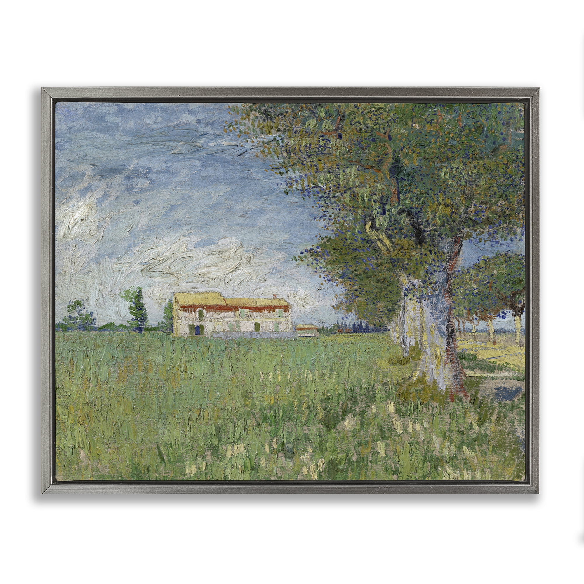 Stupell Industries Van Gogh Farmhouse in Corn Landscape & Nature Painting Gray Floater Framed Canvas Art Print Wall Art, 21 x 17