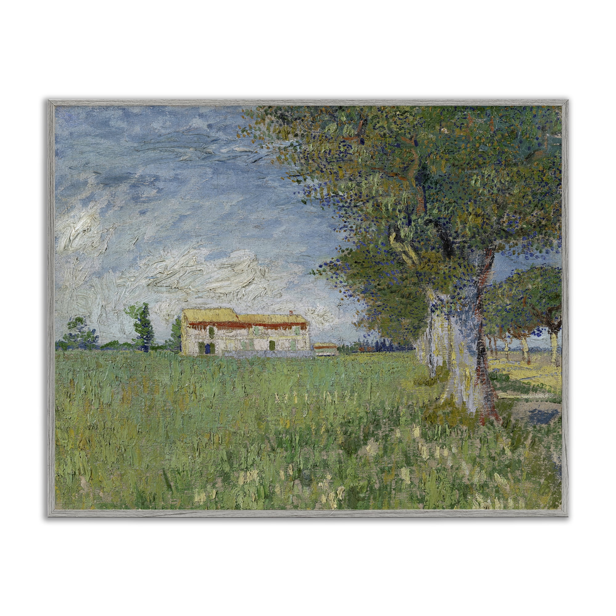 Stupell Industries Van Gogh Farmhouse in Corn Landscape & Nature Painting Gray Framed Art Print Wall Art, 14 x 11