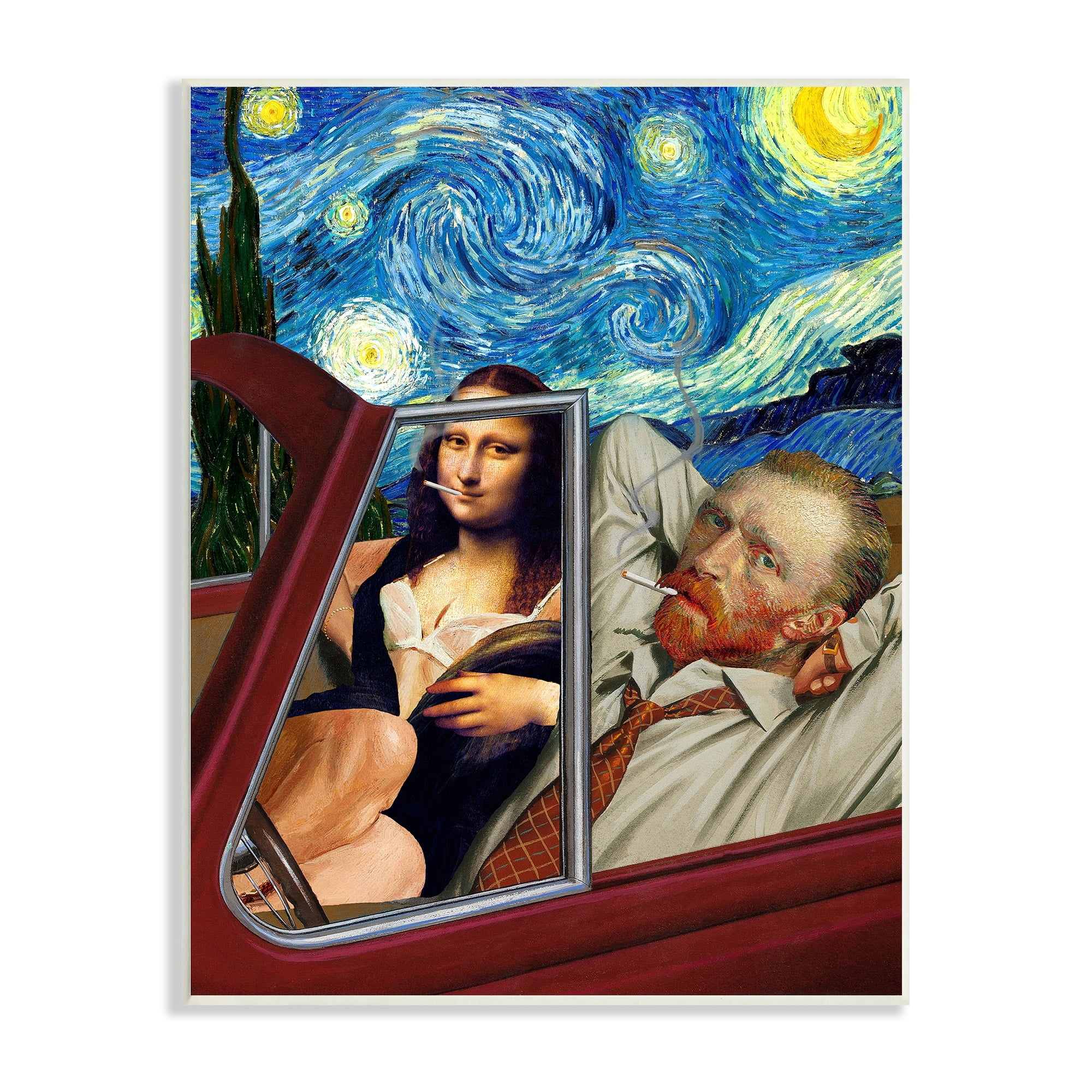 Stupell Industries Van Gogh & Mona Lisa Driving Starry Night Sky Wood Wall Art, 13 x 19, Design by Jeremiah Ketner