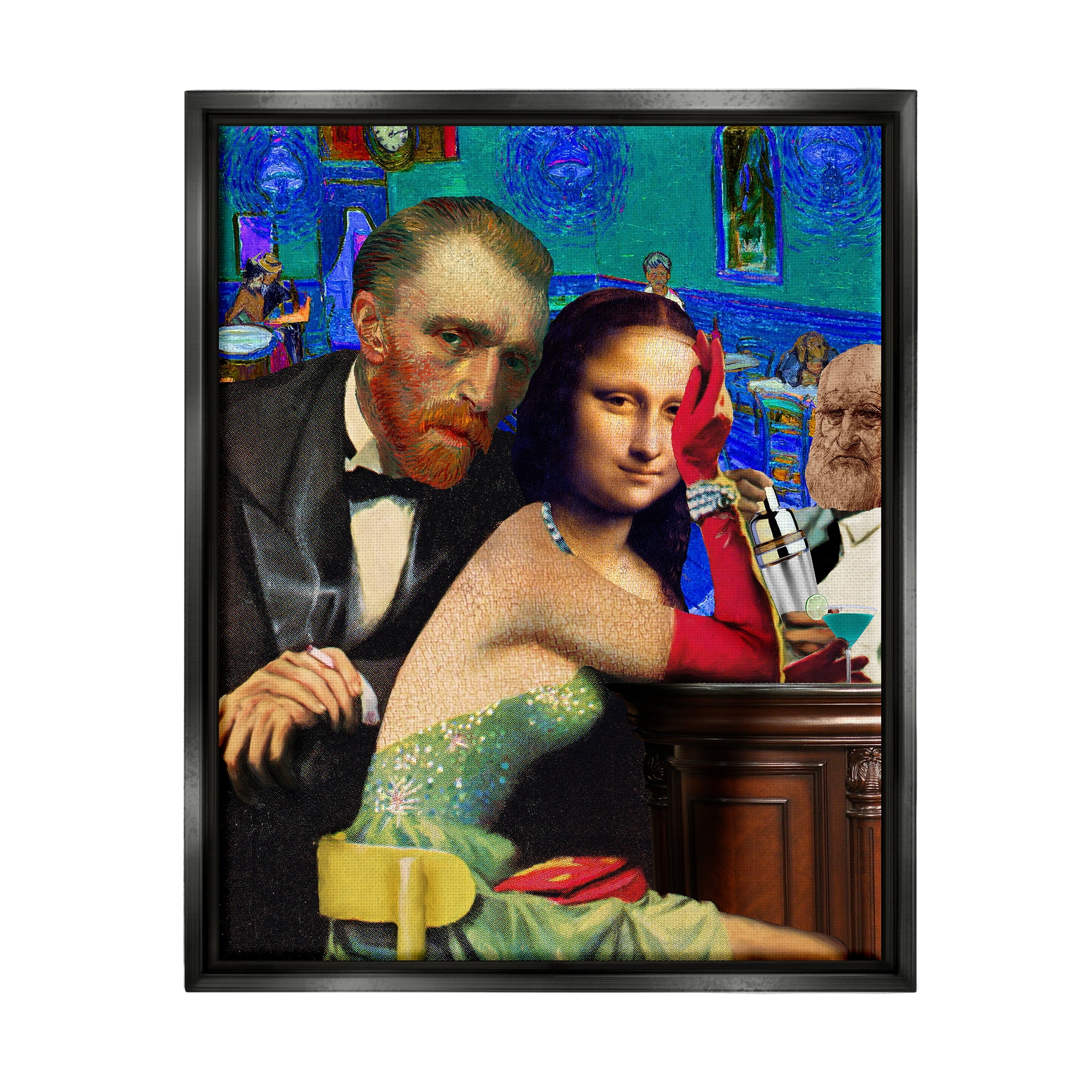 Stupell Industries Van Gogh & Mona Lisa Novelty Painting Black Floater Framed Canvas Art Print Wall Art, 17 x 21