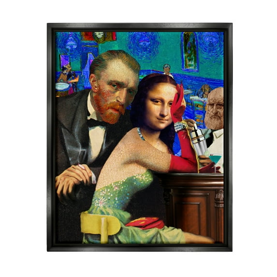 Stupell Industries Van Gogh & Mona Lisa Novelty Painting Black Floater Framed Canvas Art Print Wall Art, 25 x 31