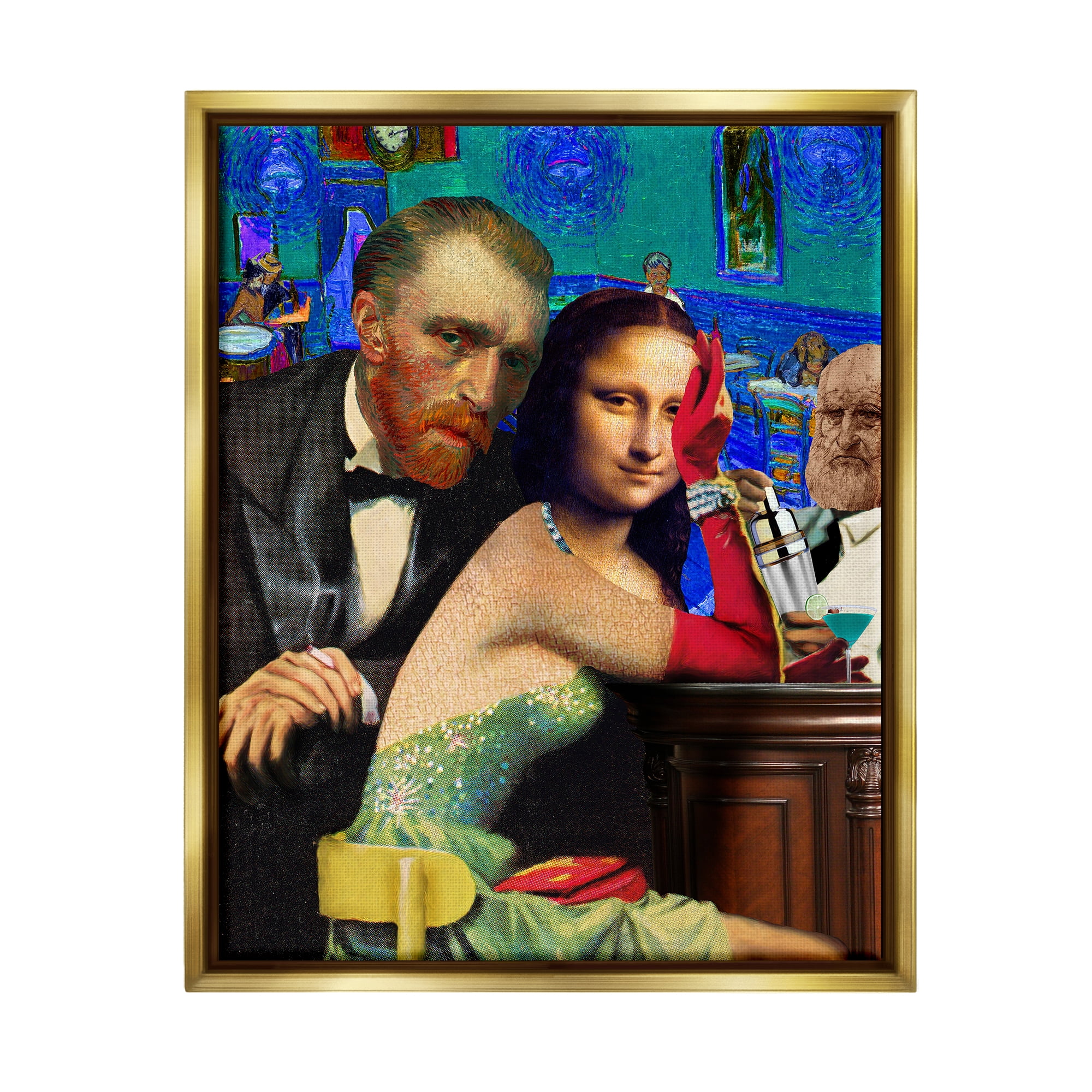 Stupell Industries Van Gogh & Mona Lisa Novelty Painting Gold Floater Framed Canvas Art Print Wall Art, 17 x 21