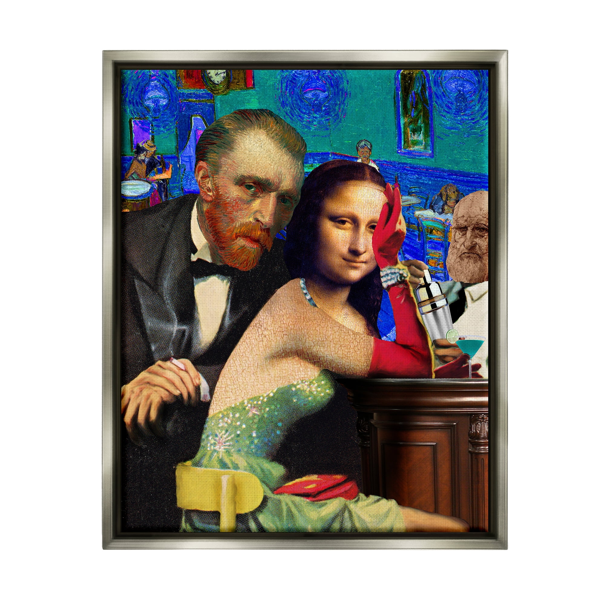 Stupell Industries Van Gogh & Mona Lisa Novelty Painting Gray Floater Framed Canvas Art Print Wall Art, 17 x 21