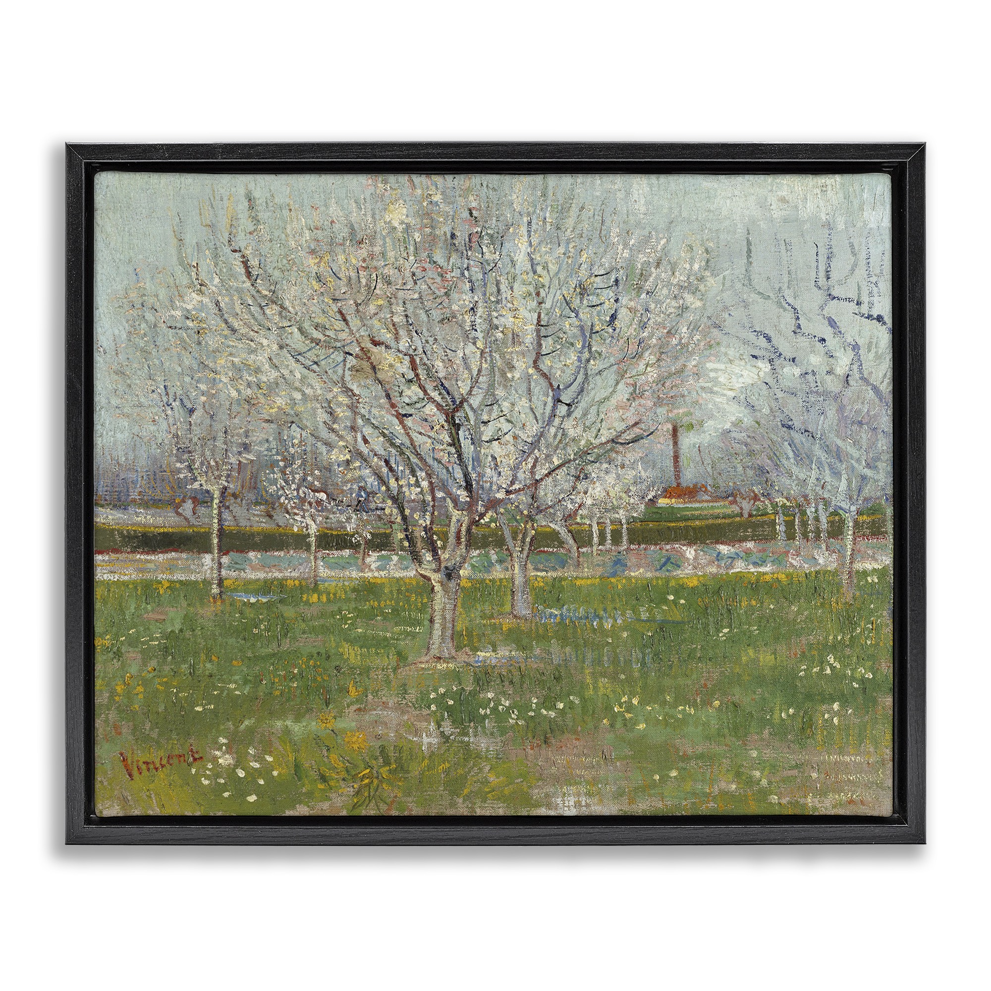 Stupell Industries Van Gogh Orchard in Blossom Landscape & Nature Painting Black Floater Framed Canvas Art Print Wall Art, 21 x 17