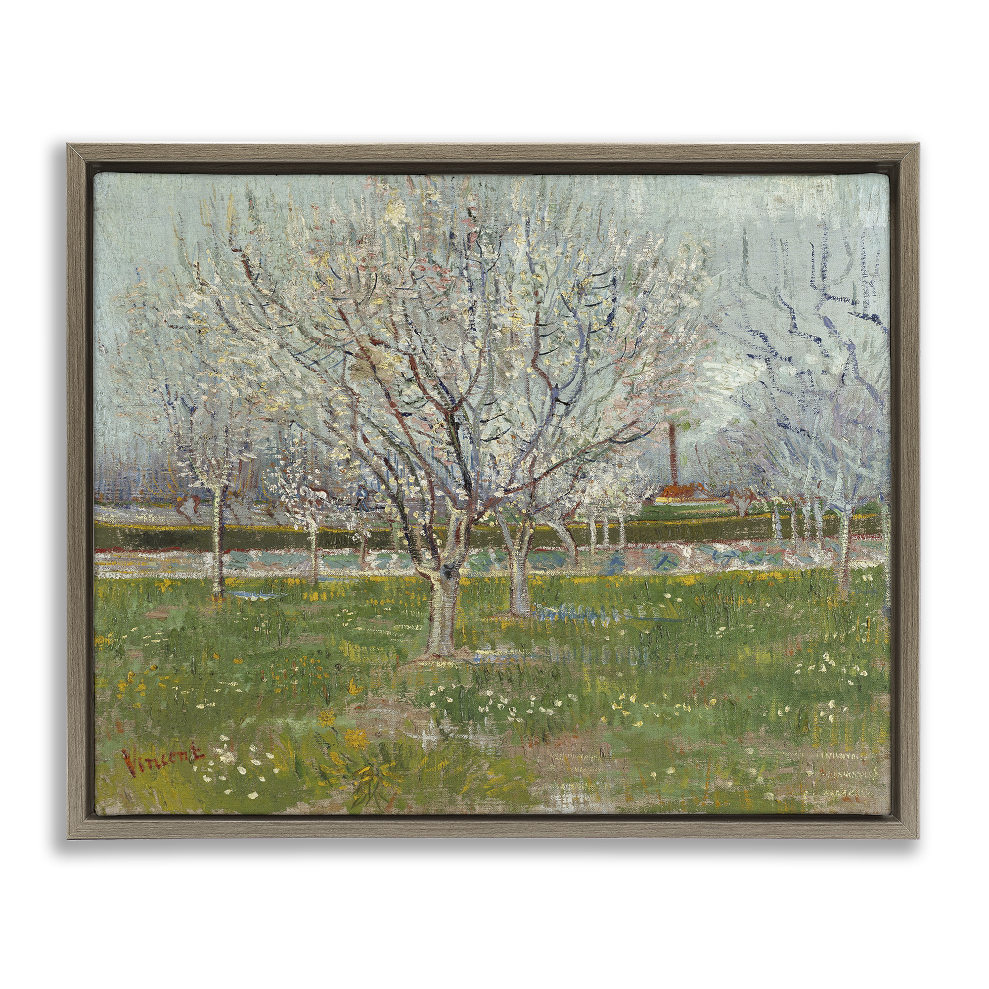 Stupell Industries Van Gogh Orchard in Blossom Landscape & Nature Painting Brown Floater Framed Canvas Art Print Wall Art, 21 x 17