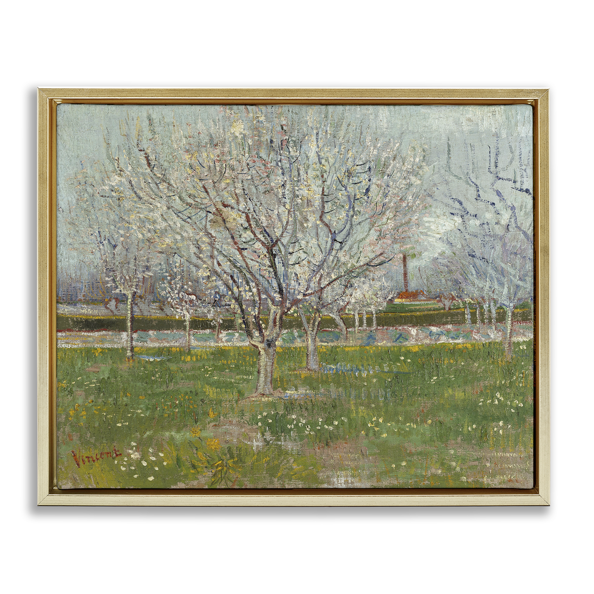 Stupell Industries Van Gogh Orchard in Blossom Landscape & Nature Painting Gold Floater Framed Canvas Art Print Wall Art, 31 x 25