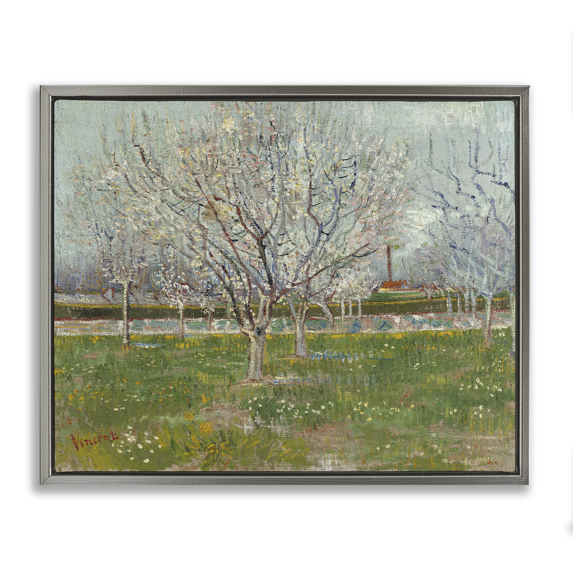 Stupell Industries Van Gogh Orchard in Blossom Landscape & Nature Painting Gray Floater Framed Canvas Art Print Wall Art, 21 x 17