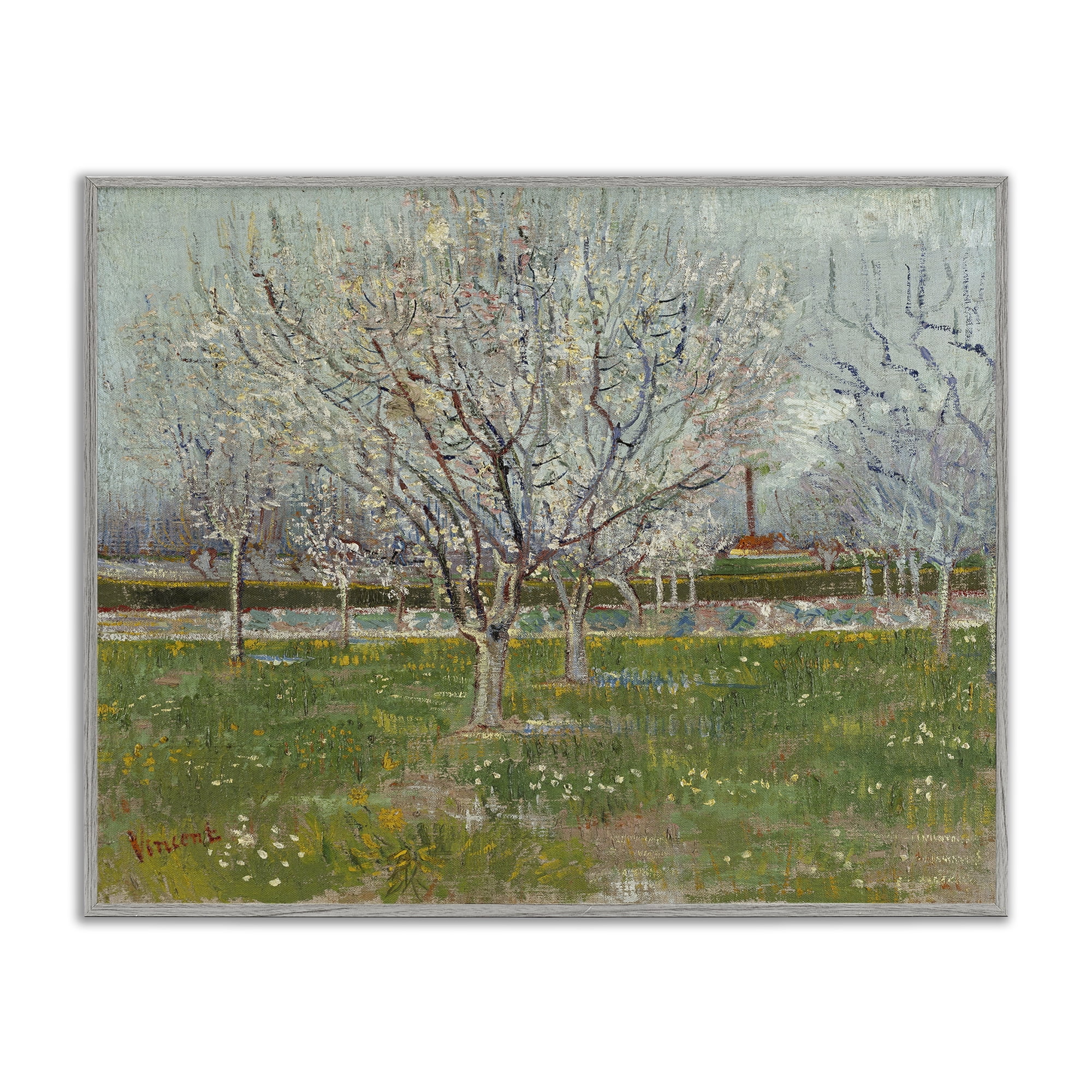 Stupell Industries Van Gogh Orchard in Blossom Landscape & Nature Painting Gray Framed Art Print Wall Art, 14 x 11