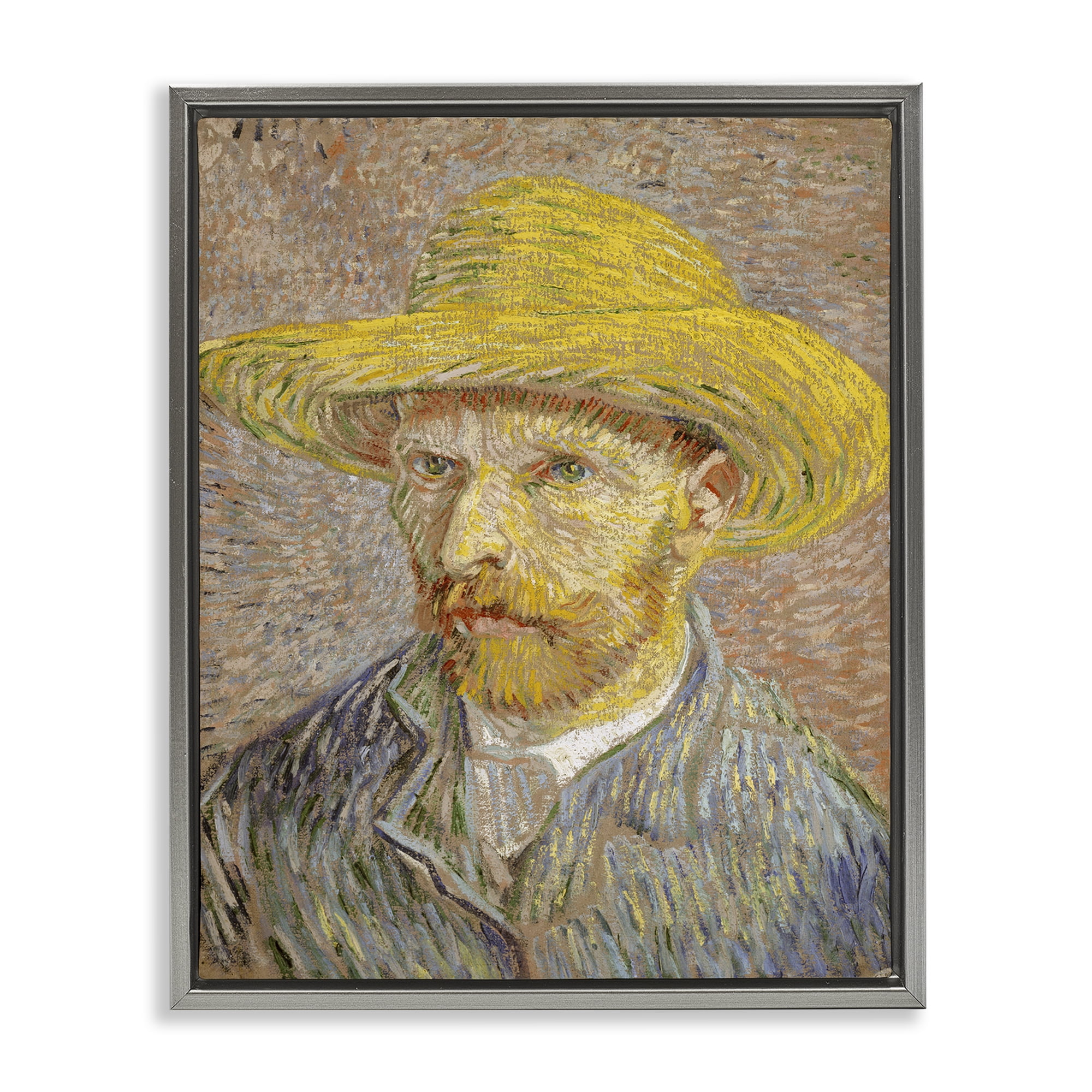 Stupell Industries Van Gogh Straw Hat Portrait People Painting Gray Floater Framed Canvas Art Print Wall Art, 17 x 21