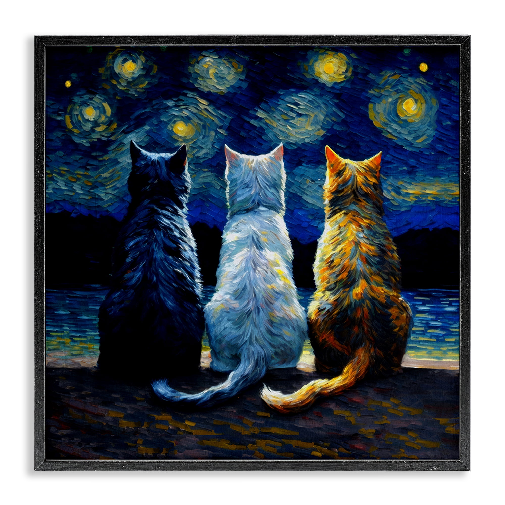 Stupell Industries Van Gogh Style Cats Animals Painting Black Framed Art Print Wall Art, 17 x 17