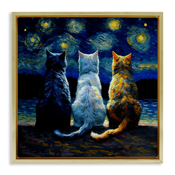 Stupell Industries Van Gogh Style Cats Animals Painting Gold Floater Framed Canvas Art Print Wall Art, 18 x 18
