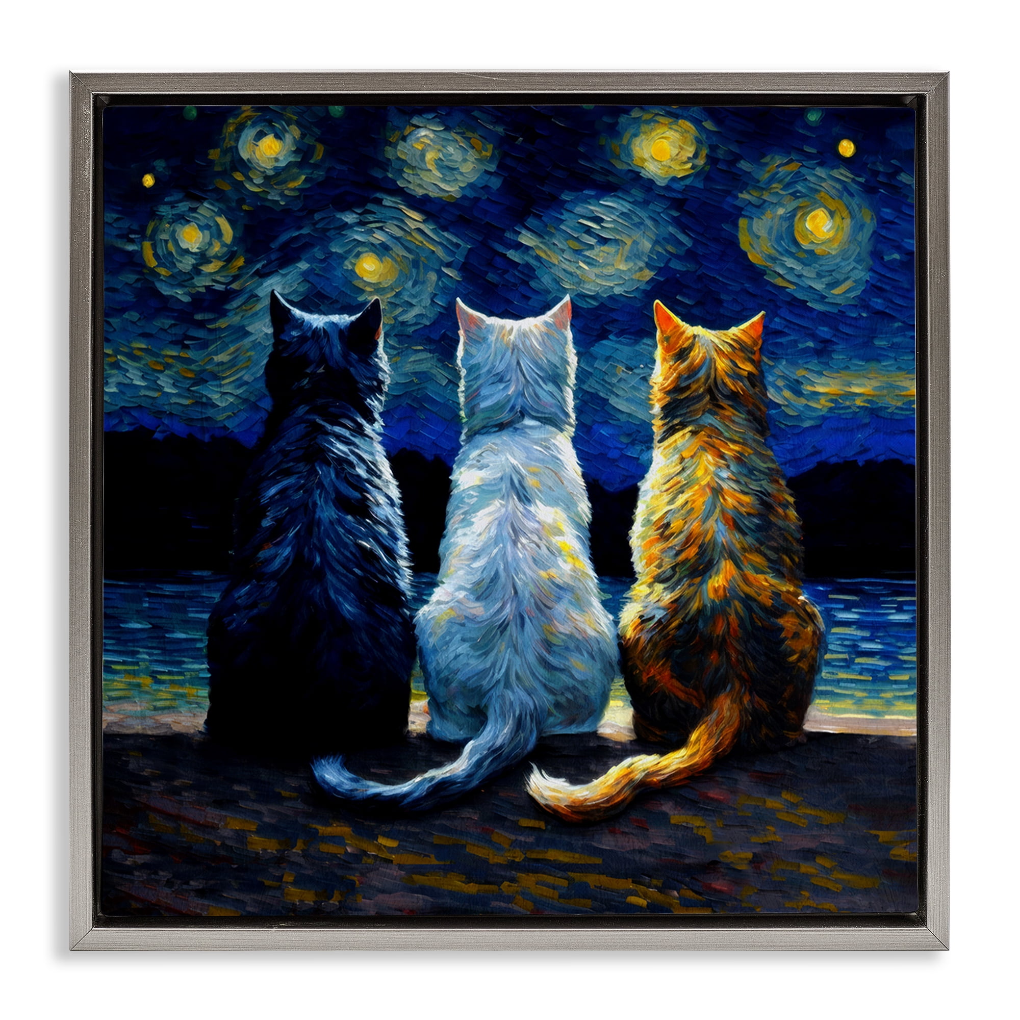 Stupell Industries Van Gogh Style Cats Animals Painting Gray Floater Framed Canvas Art Print Wall Art, 25 x 25
