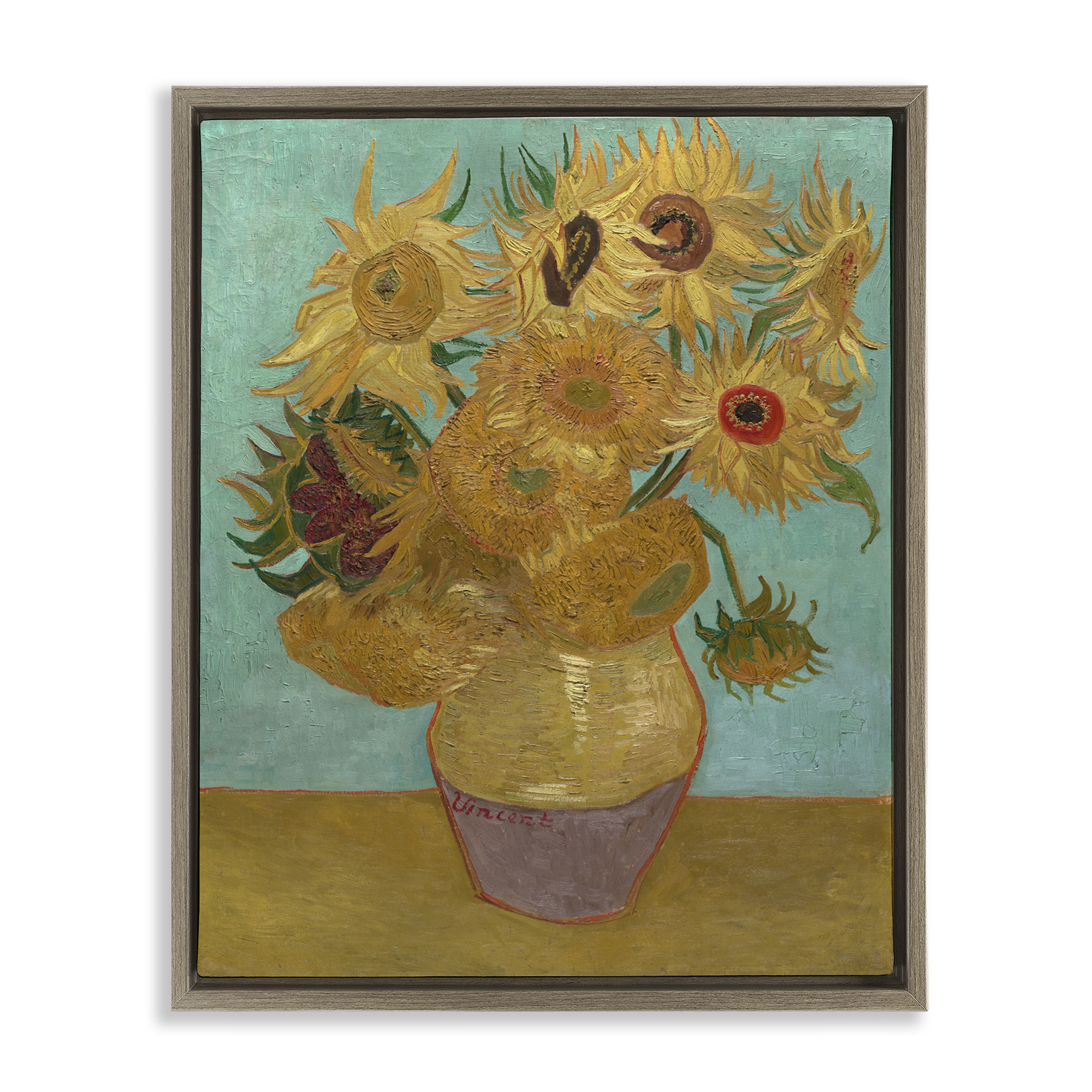 Stupell Industries Van Gogh Sunflowers on Blue Plants & Flowers Painting Brown Floater Framed Canvas Art Print Wall Art, 17 x 21
