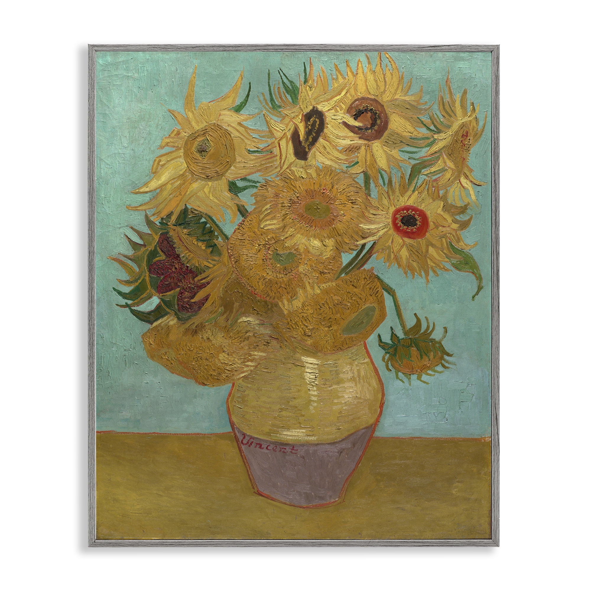Stupell Industries Van Gogh Sunflowers on Blue Plants & Flowers Painting Gray Framed Art Print Wall Art, 16 x 20