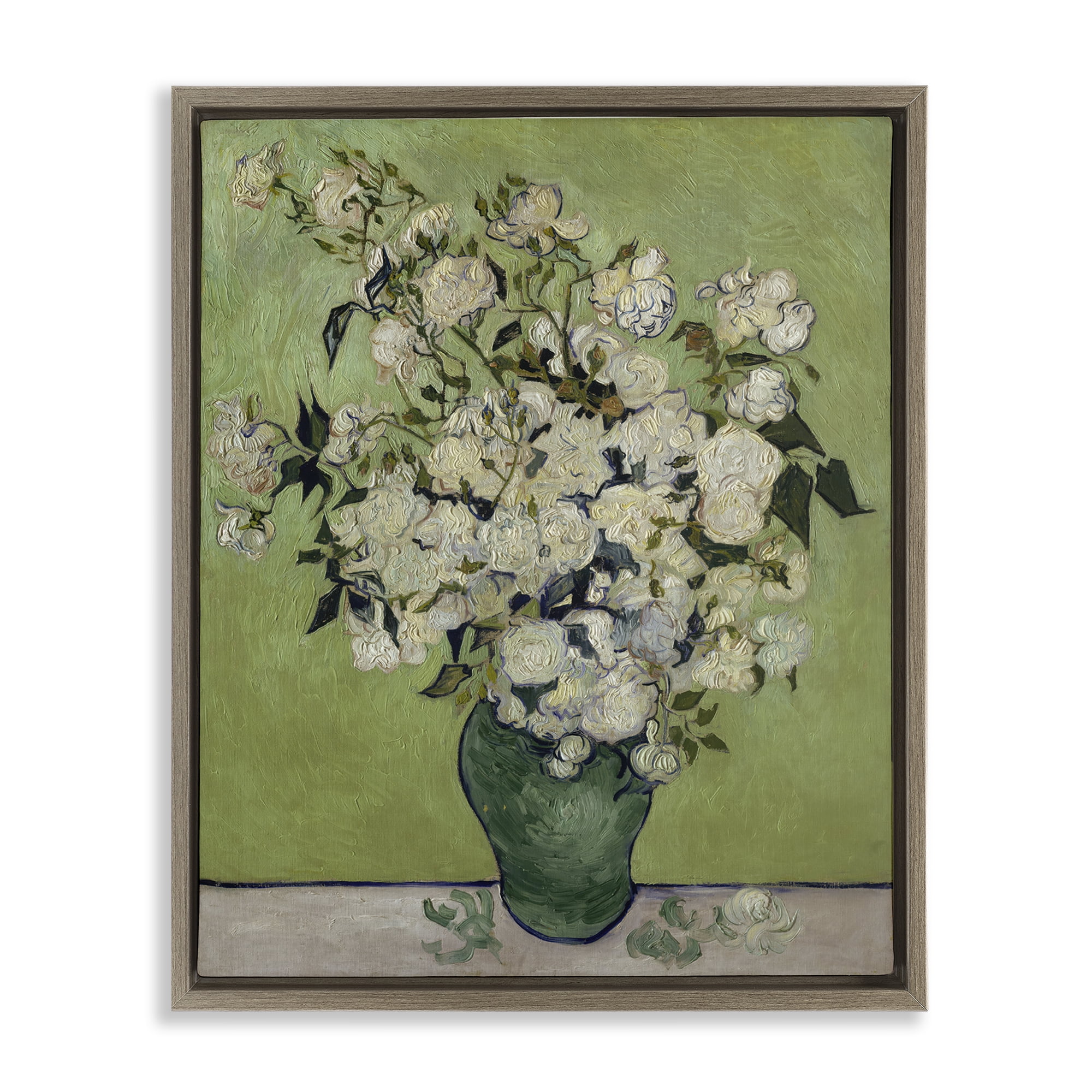 Stupell Industries Van Gogh Vase of Roses Plants & Flowers Painting Brown Floater Framed Canvas Art Print Wall Art, 25 x 31