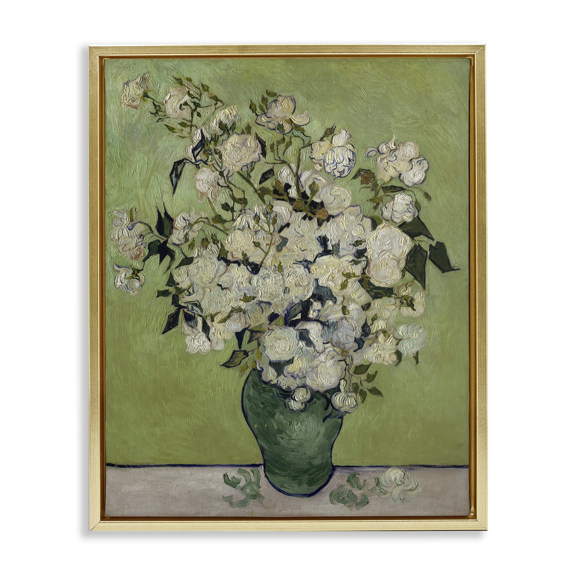 Stupell Industries Van Gogh Vase of Roses Plants & Flowers Painting Gold Floater Framed Canvas Art Print Wall Art, 17 x 21