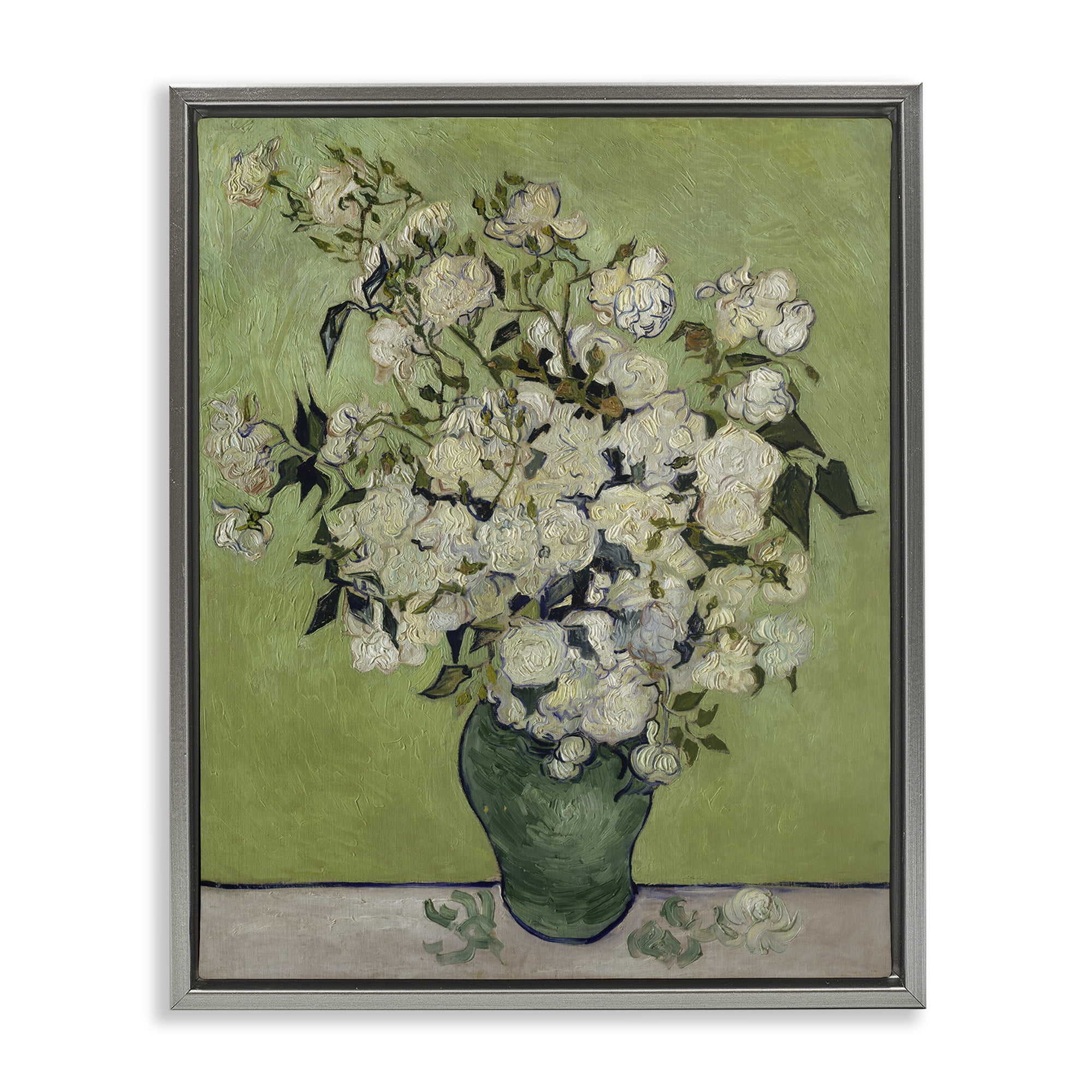 Stupell Industries Van Gogh Vase of Roses Plants & Flowers Painting Gray Floater Framed Canvas Art Print Wall Art, 25 x 31