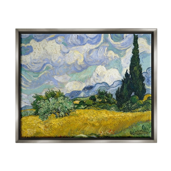Stupell Industries Van Gogh Wheat Field with Cypresses Post Impressionist Painting Luster Gray Framed Floating Canvas Wall Art, 24x30, by Vincent Van Gogh