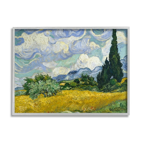 Stupell Industries Van Gogh Wheat Field with Cypresses Post Impressionist Painting Framed Art Print Wall Art, 20x16, By Vincent Van Gogh