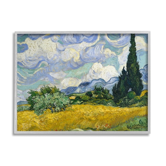 Stupell Industries Van Gogh Wheat Field with Cypresses Post Impressionist Painting Framed Art Print Wall Art, 30x24, By Vincent Van Gogh