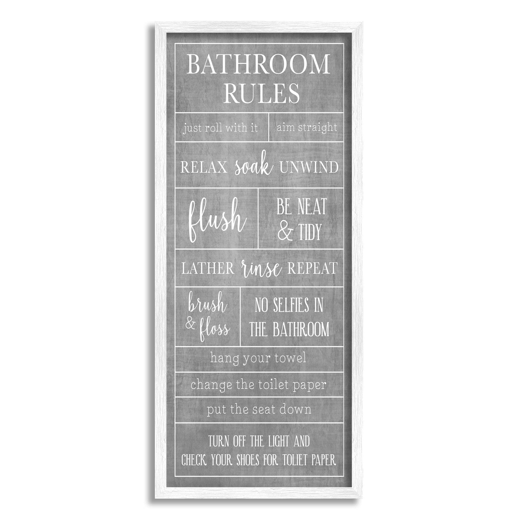 Stupell Industries Varied Bathroom Rules Graphic Art White Framed Art Print Wall Art, Design by Natalie Carpentieri