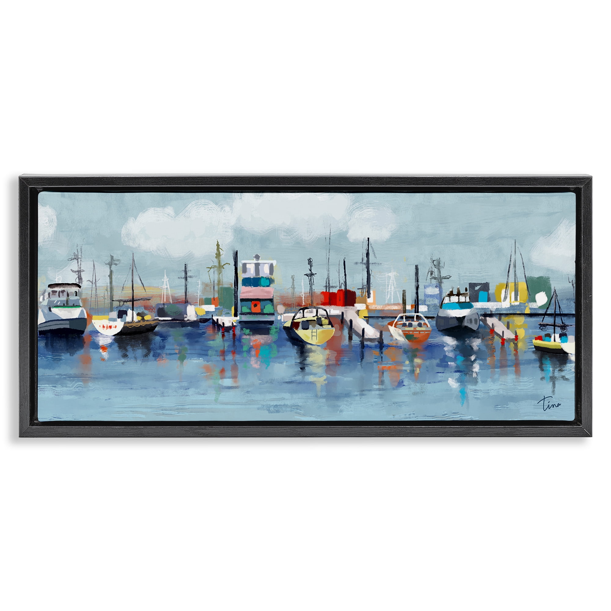 Stupell Industries Varied Boats Docked Port Marina Nature Painting Black Floater Framed Canvas Art Print Wall Art, 25 x 11