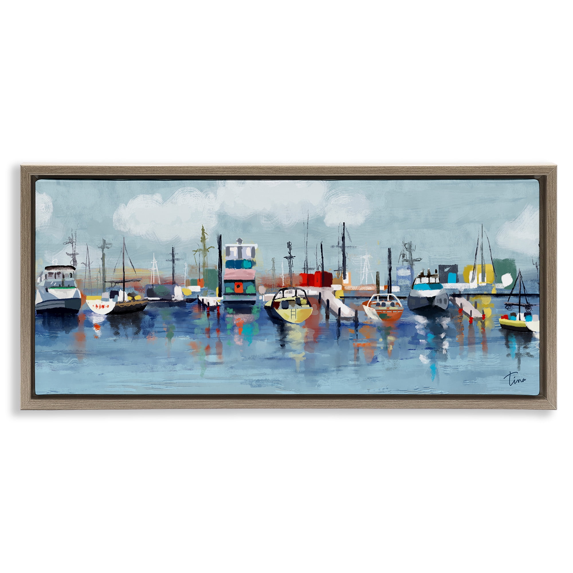 Stupell Industries Varied Boats Docked Port Marina Nature Painting Brown Floater Framed Canvas Art Print Wall Art, 25 x 11