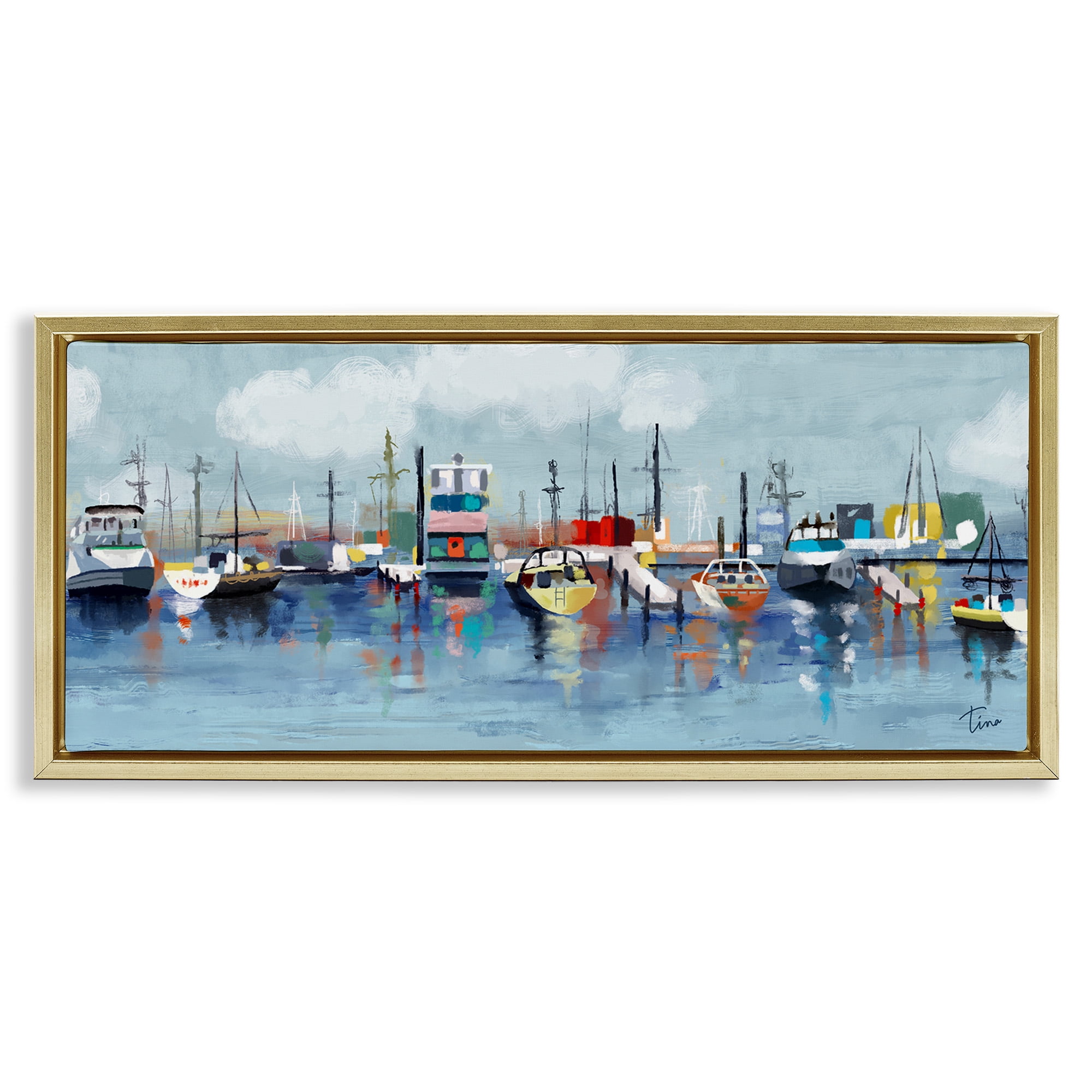 Stupell Industries Varied Boats Docked Port Marina Nature Painting Gold Floater Framed Canvas Art Print Wall Art, 31 x 14