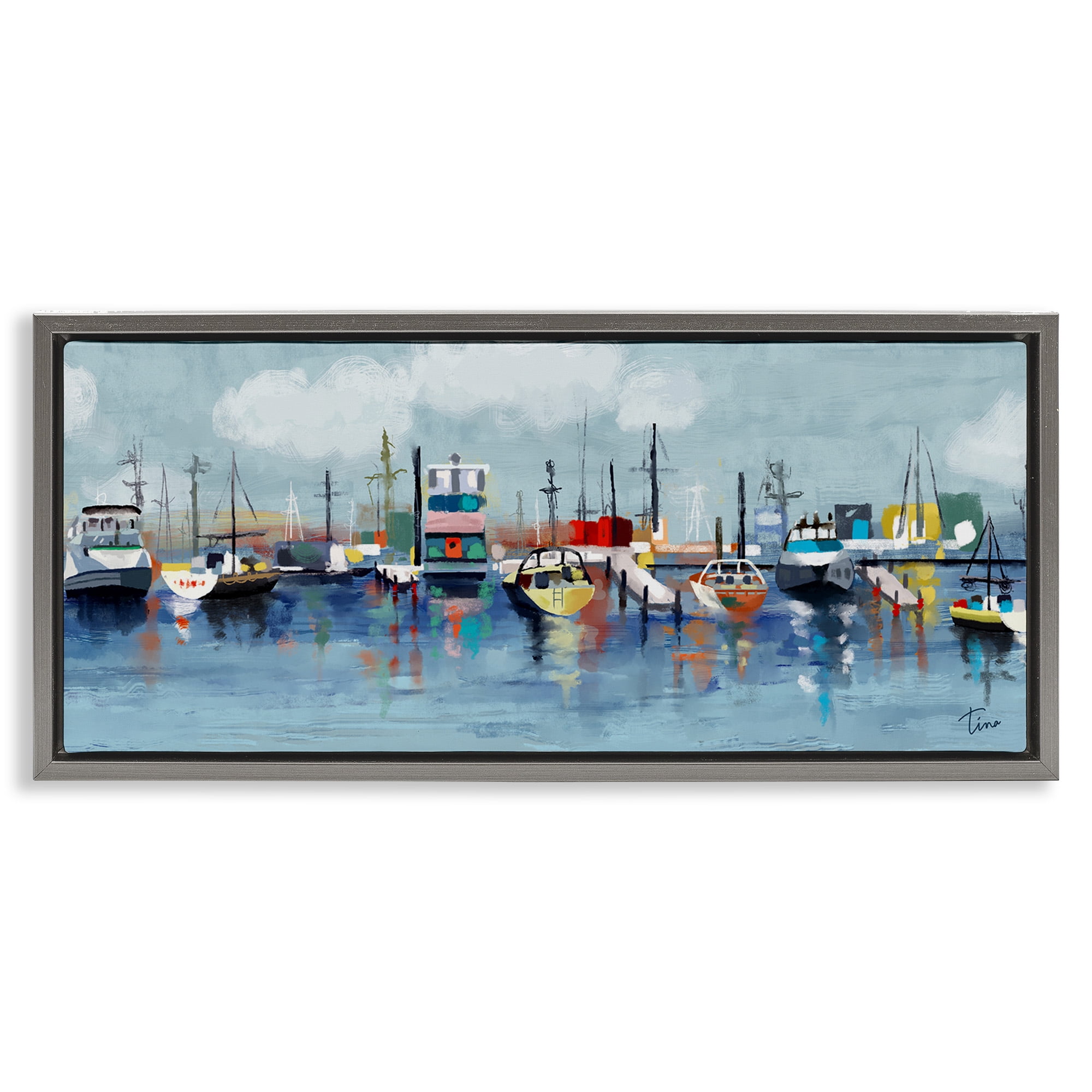 Stupell Industries Varied Boats Docked Port Marina Nature Painting Gray Floater Framed Canvas Art Print Wall Art, 31 x 14