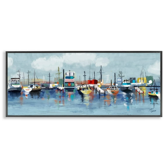 Stupell Industries Varied Boats Docked Port Marina Ocean Landscape Painting Black Framed Art Print Wall Art, Design by Tina Finn