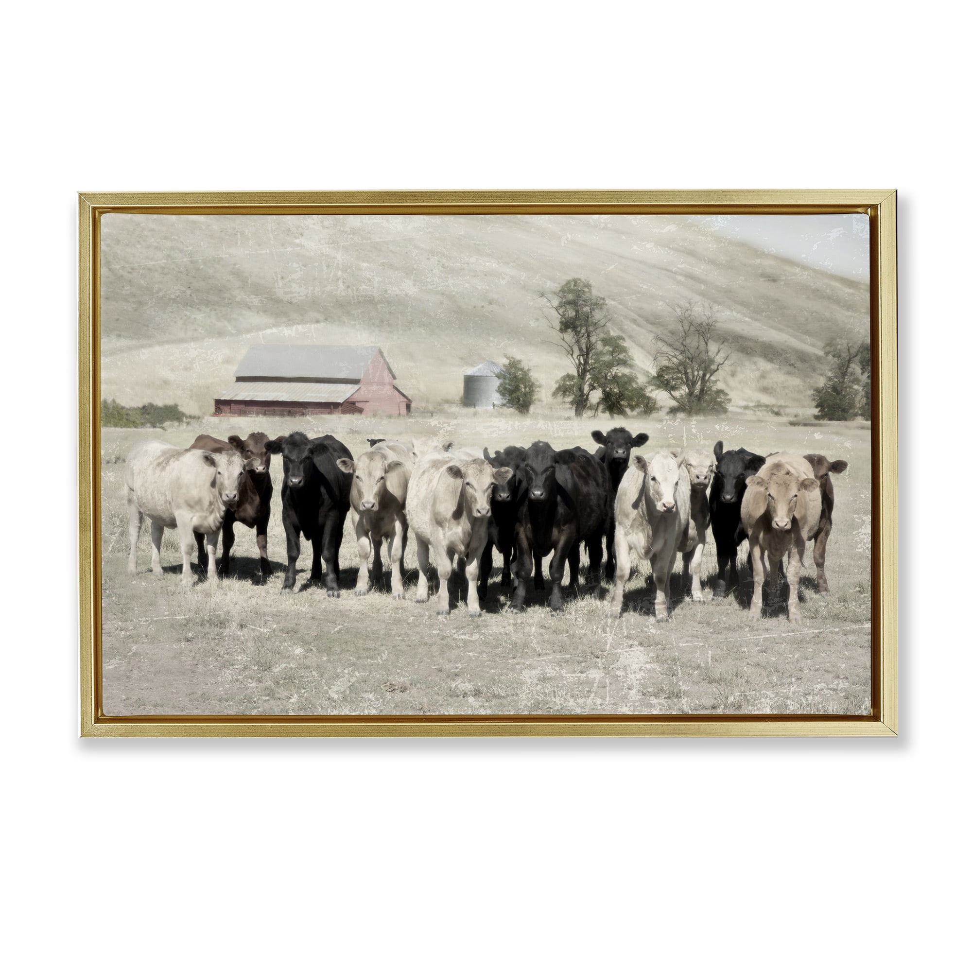 Stupell Industries Varied Cattle on Farm Landscape Painting Gold Floater Framed Canvas Art Print Wall Art, 25 x 17
