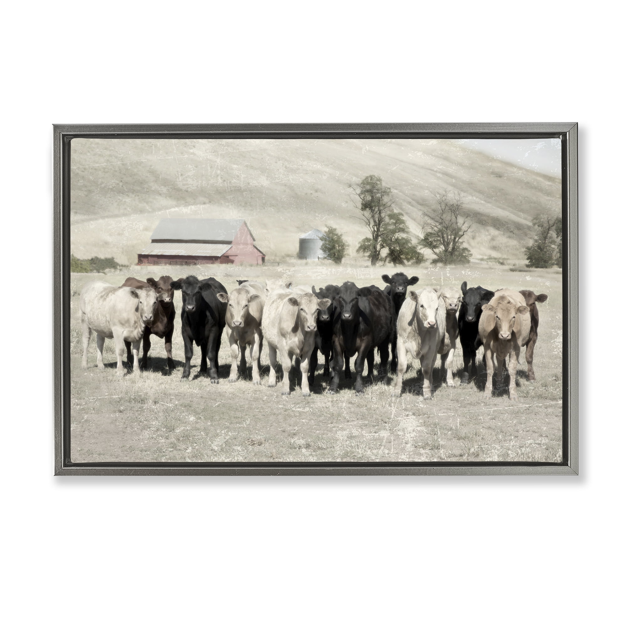 Stupell Industries Varied Cattle on Farm Landscape Painting Gray Floater Framed Canvas Art Print Wall Art, 25 x 17