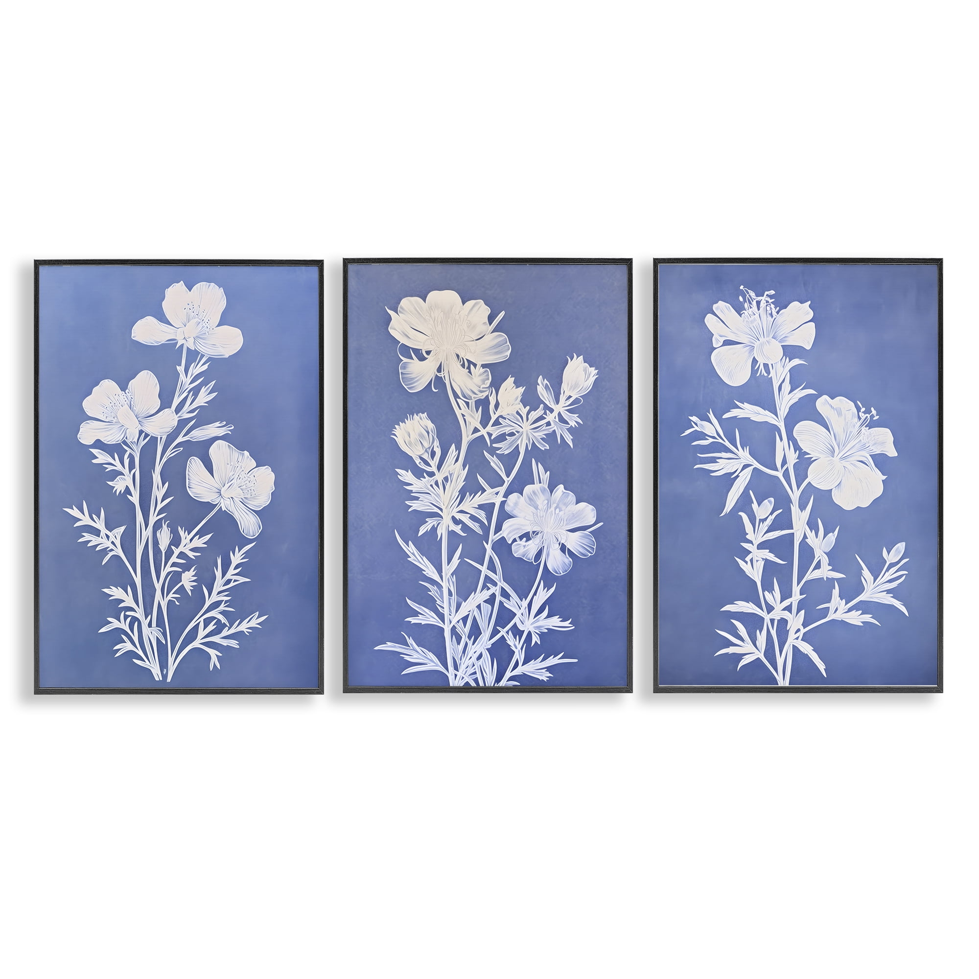 Stupell Industries Varied Cerulean Botanicals Plants & Flowers Painting Black Framed Art Print Wall Art, 16 x 24, Set of 3
