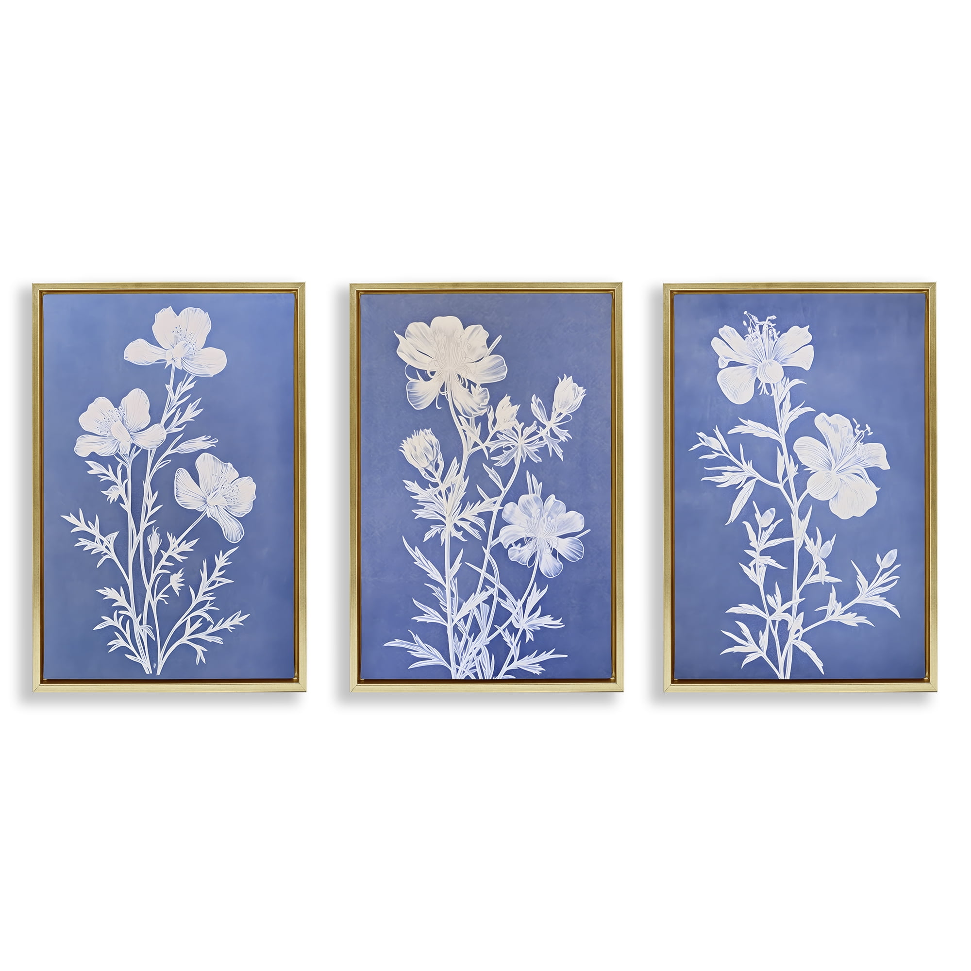 Stupell Industries Varied Cerulean Botanicals Plants & Flowers Painting Gold Floater Framed Canvas Art Print Wall Art, 21 x 31, Set of 3