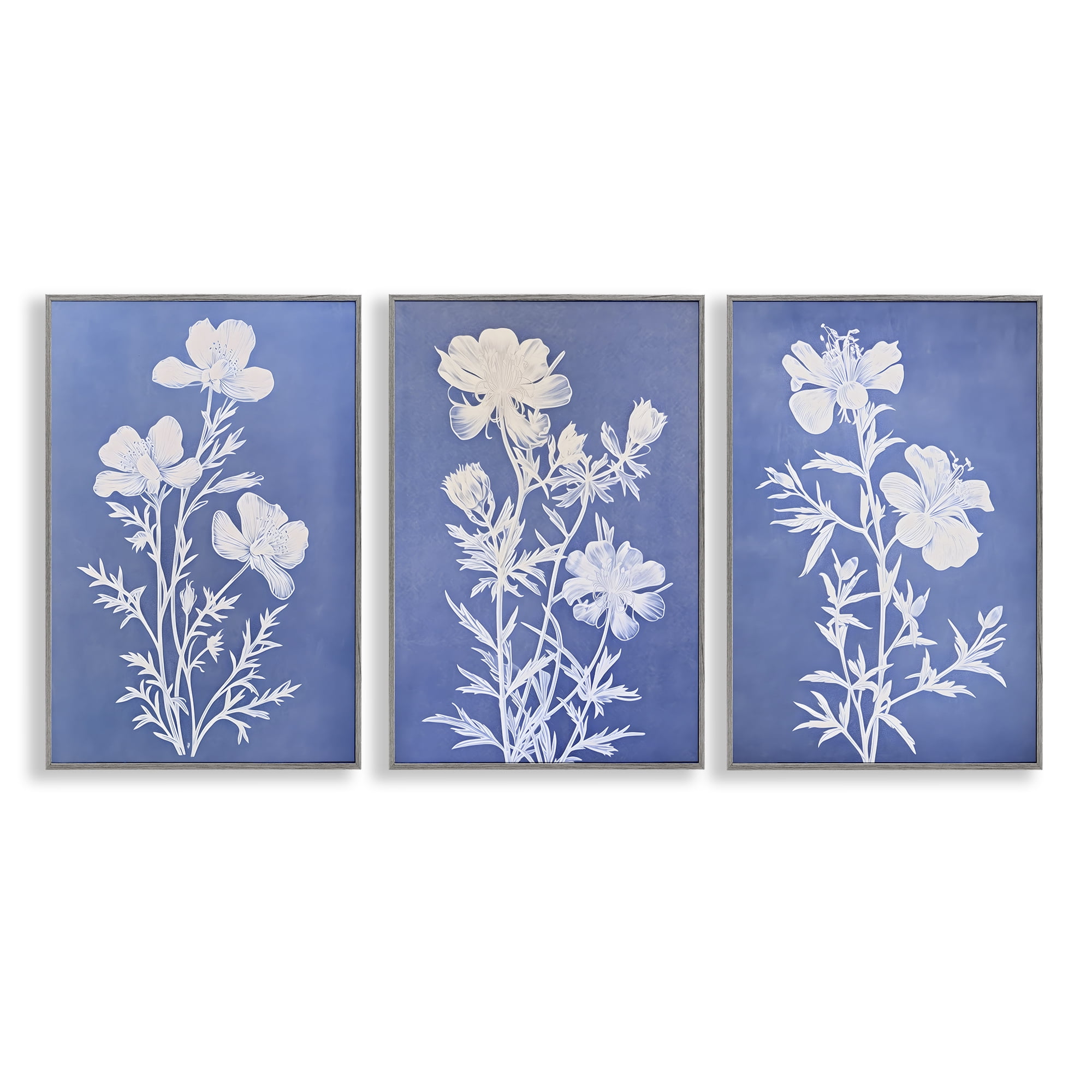 Stupell Industries Varied Cerulean Botanicals Plants & Flowers Painting Gray Framed Art Print Wall Art, 12 x 18, Set of 3
