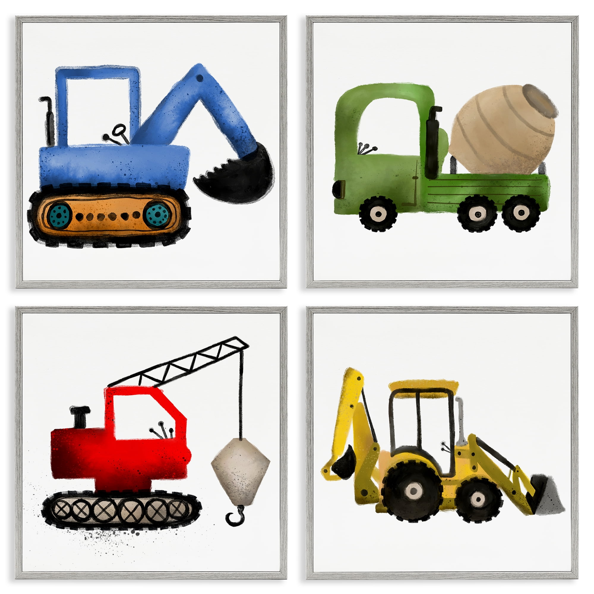Stupell Industries Varied Construction Vehicles Transportation Painting Gray Framed Art Print Wall Art, 17 x 17, Set of 4