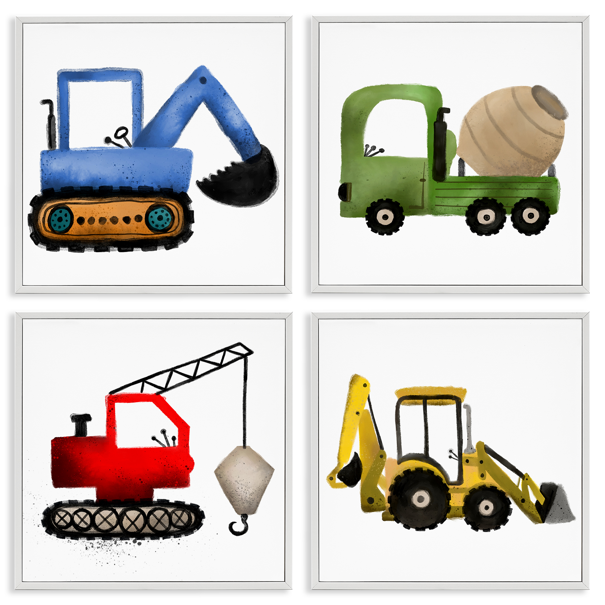 Stupell Industries Varied Construction Vehicles Transportation Painting White Framed Art Print Wall Art, 12 x 12, Set of 4