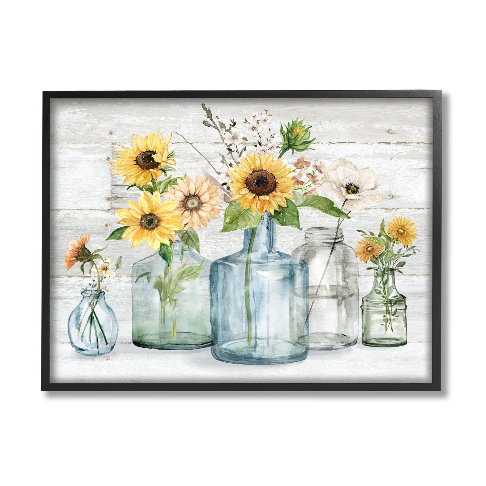 Stupell Industries Varied Country Flower Blooms Rustic Planked Pattern Graphic Art Black Framed Art Print Wall Art, Design by Carol Robinson