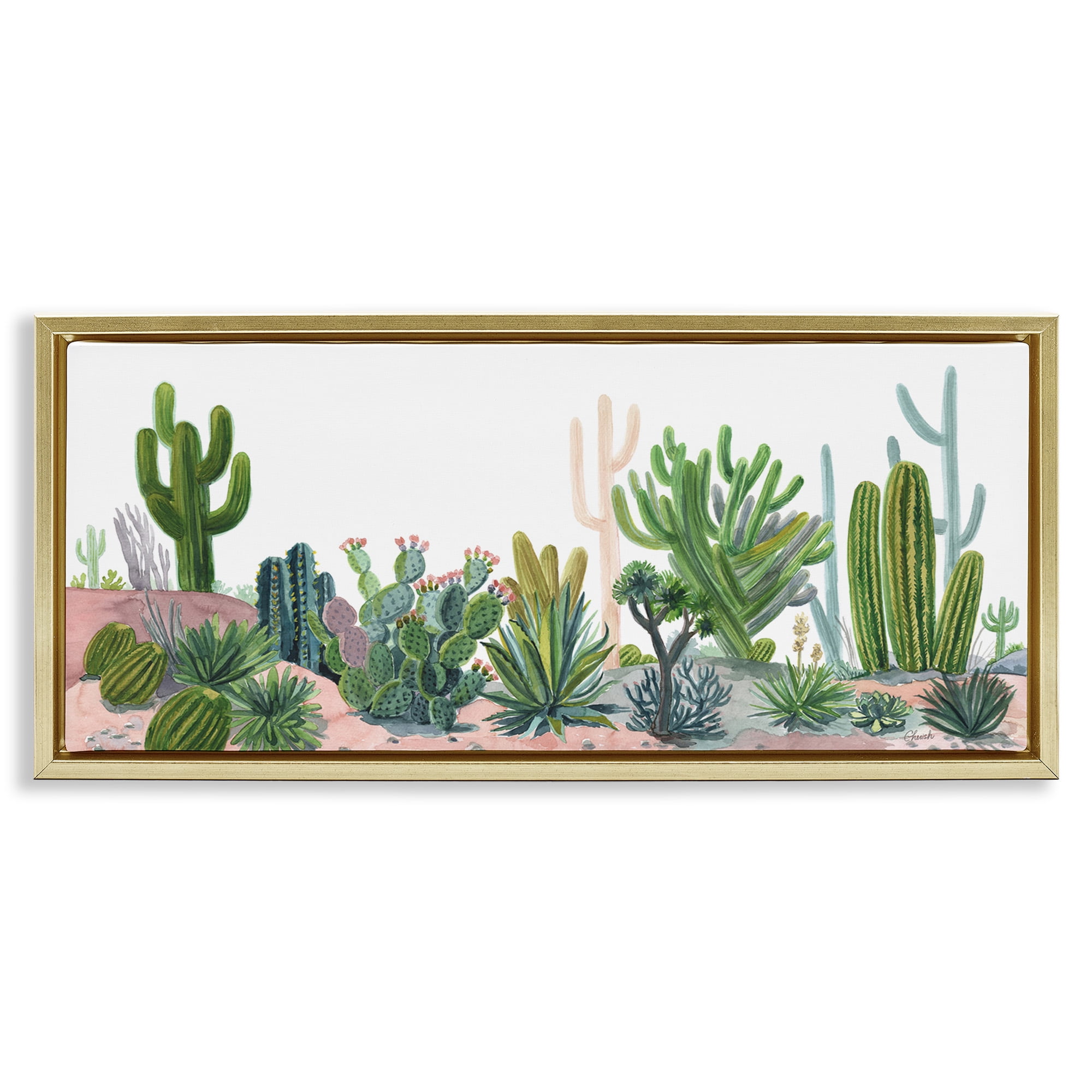 Stupell Industries Varied Desert Vegetation Cacti Botanical & Floral Painting Gold Floater Framed Canvas Art Print Wall Art, 31 x 14