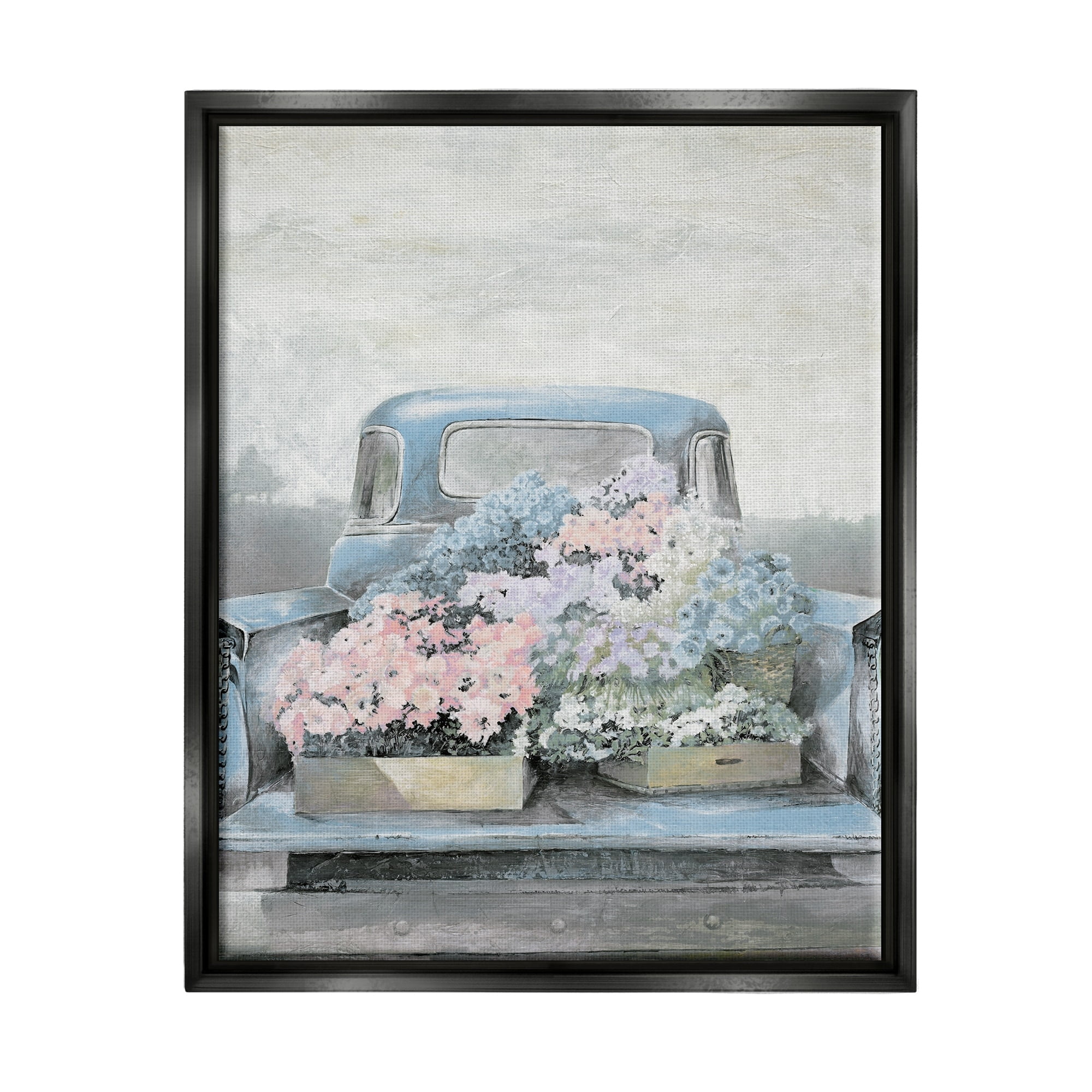 Stupell Industries Varied Floral Blossoms Vintage Countryside Pickup Truck Painting Jet Black Floating Framed Canvas Print Wall Art, Design by White Ladder