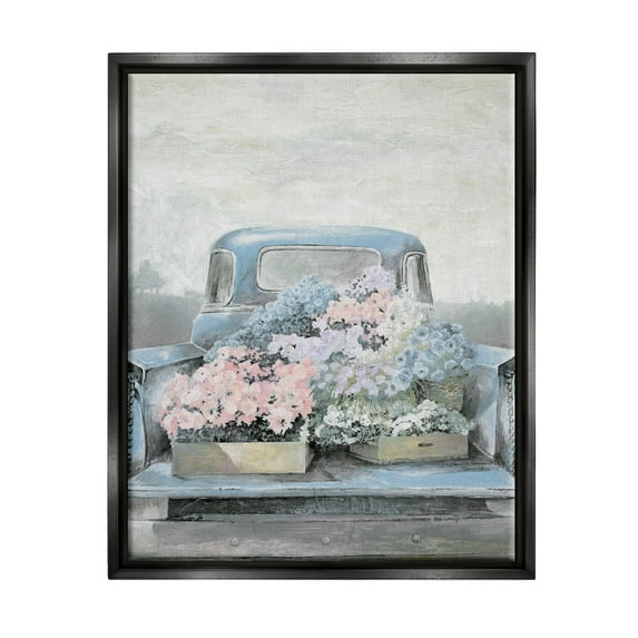 Stupell Industries Varied Floral Blossoms Vintage Countryside Pickup Truck Painting Jet Black Floating Framed Canvas Print Wall Art, Design by White Ladder