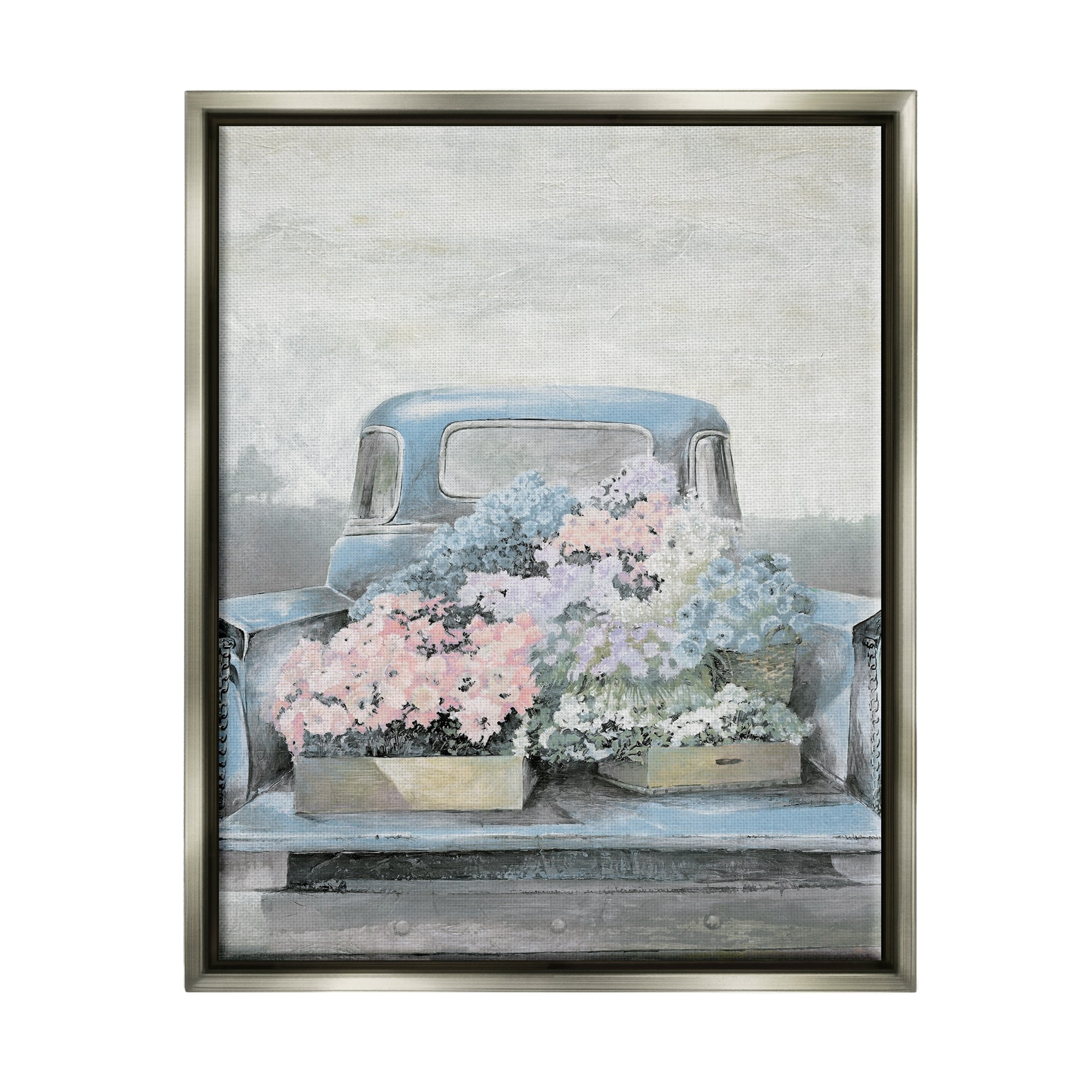 Stupell Industries Varied Floral Blossoms Vintage Countryside Pickup Truck Painting Luster Gray Floating Framed Canvas Print Wall Art, Design by White Ladder