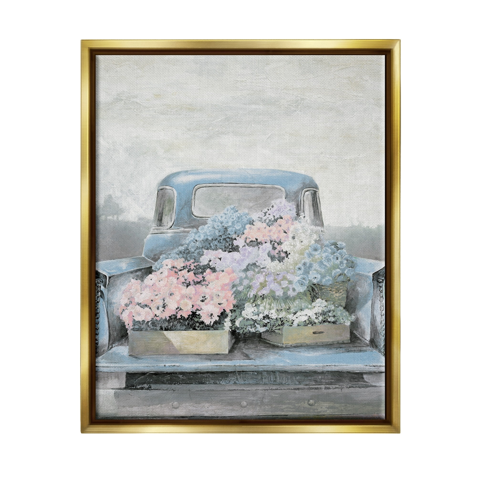 Stupell Industries Varied Floral Blossoms Vintage Countryside Pickup Truck Painting Metallic Gold Floating Framed Canvas Print Wall Art, Design by White Ladder