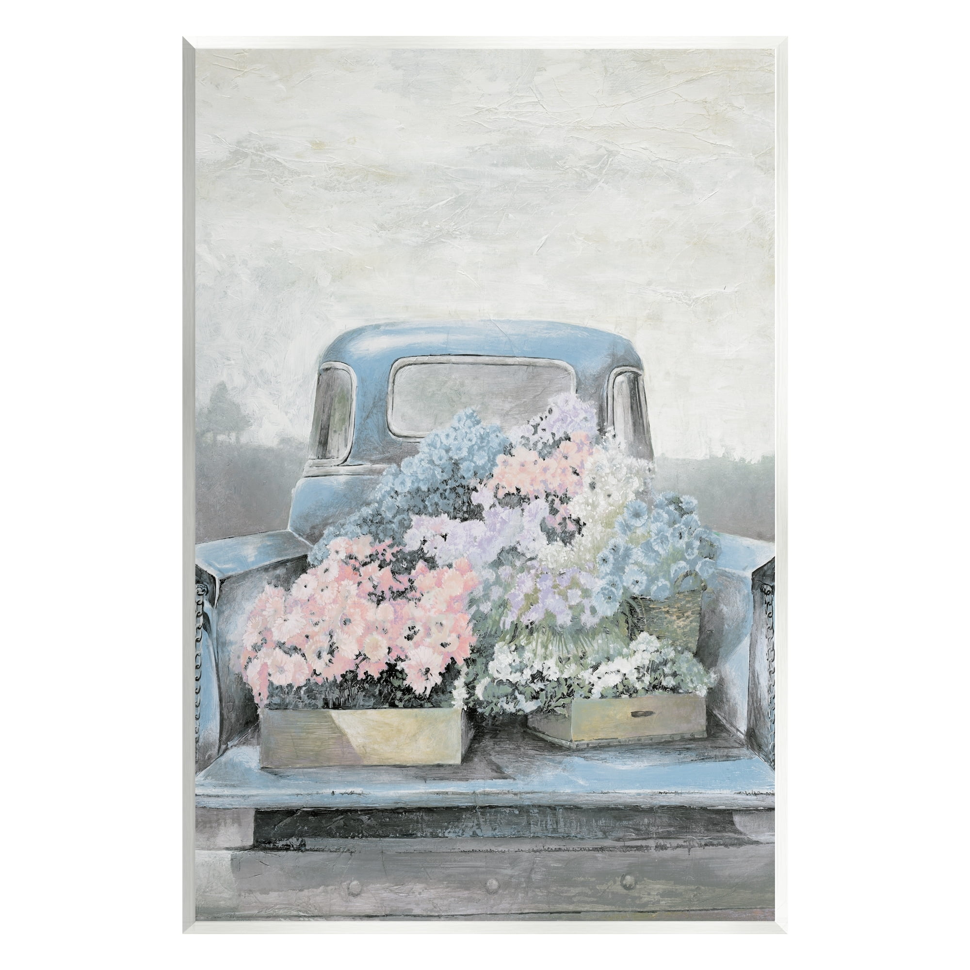 Vintage Blue Pickup Truck with Floral Blossoms MDF Wall Art