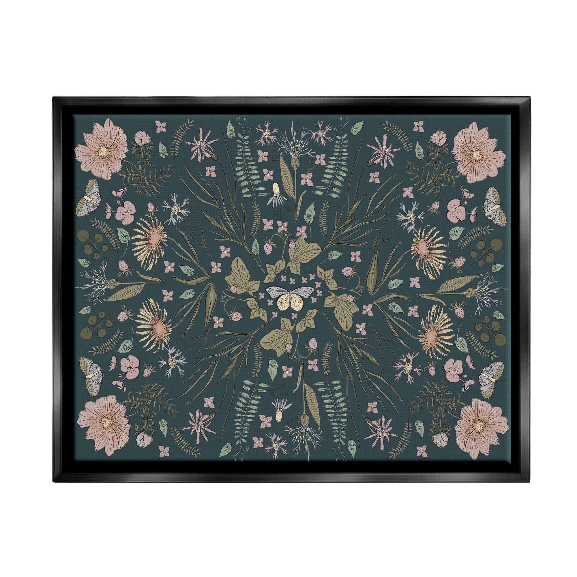 Stupell Industries Varied Floral Botanical Pattern Butterfly Insect Motif Graphic Art Jet Black Floating Framed Canvas Print Wall Art, Design by Birgit Maria Kiennast