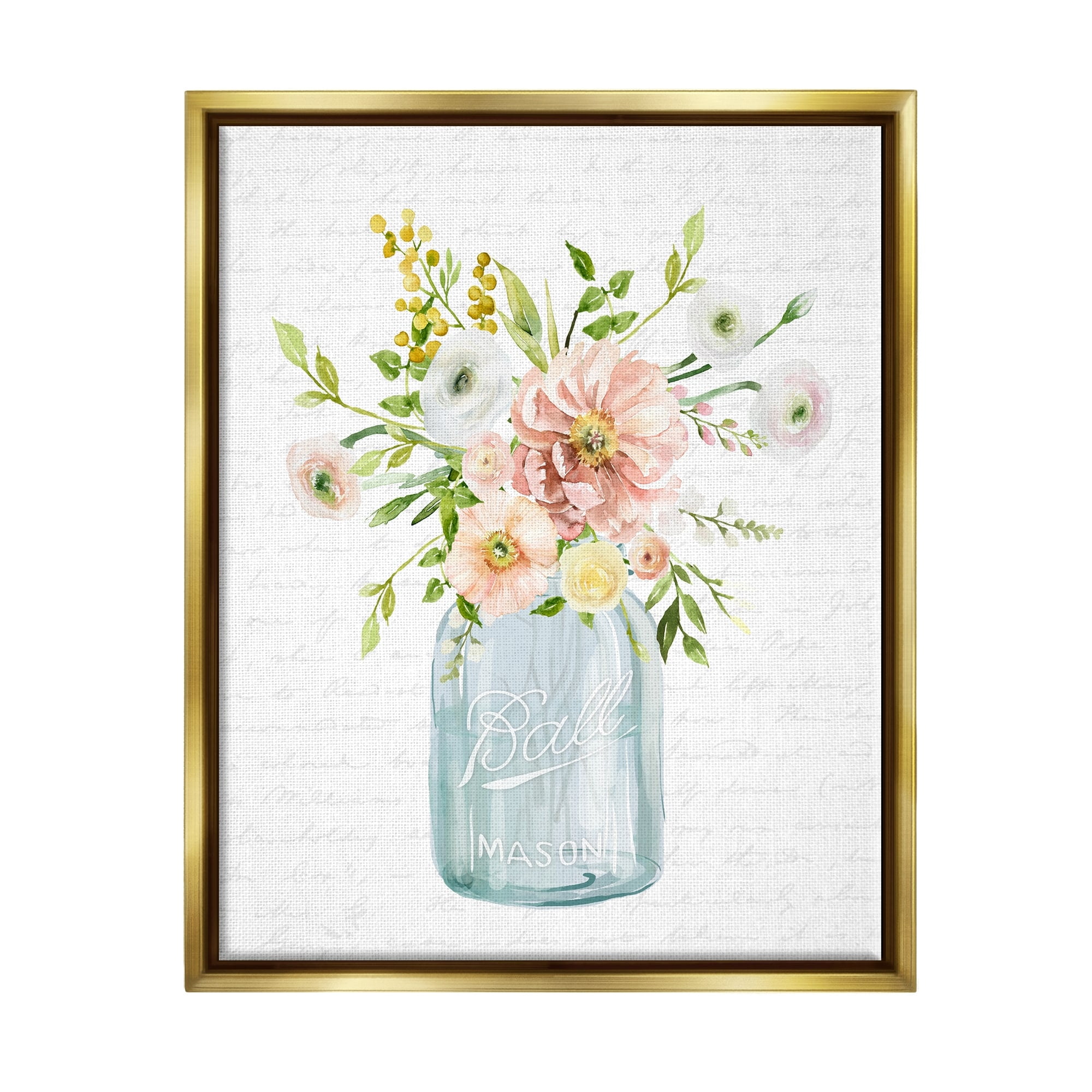 Stupell Industries Varied Flower Blossoms Botanical Leaves Patterned Words Graphic Art Metallic Gold Floating Framed Canvas Print Wall Art, Design by Lettered and Lined