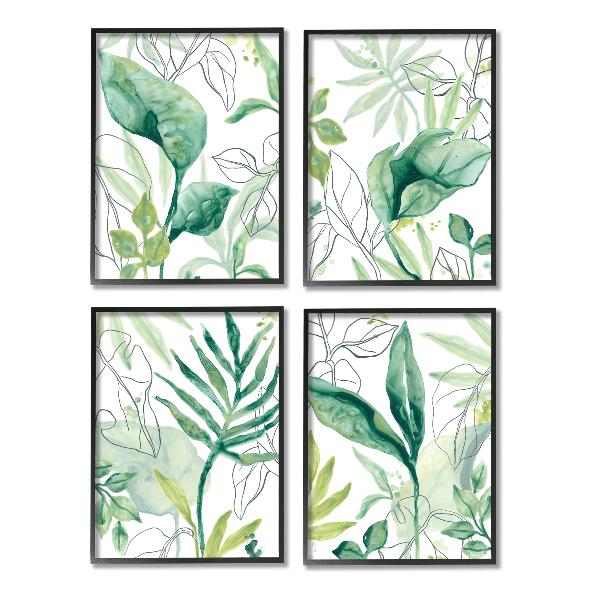 Stupell Industries Varied Green Tropical Plant Leaves Botanical & Floral Painting Black Framed Art Print Wall Art, Set of 4